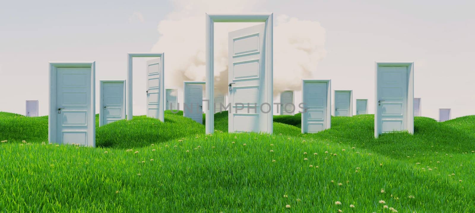 open and closed white wooden doors on green flowery hills under cloud realistic background 3D rendering