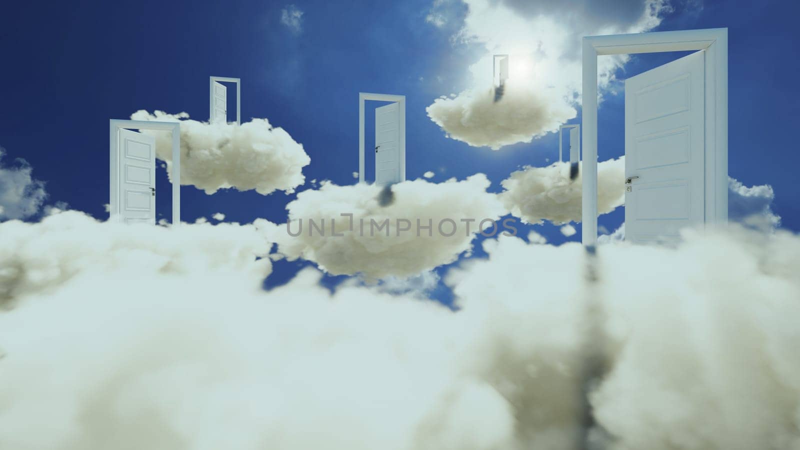Open and closed white wooden doors above the clouds background 3D rendering