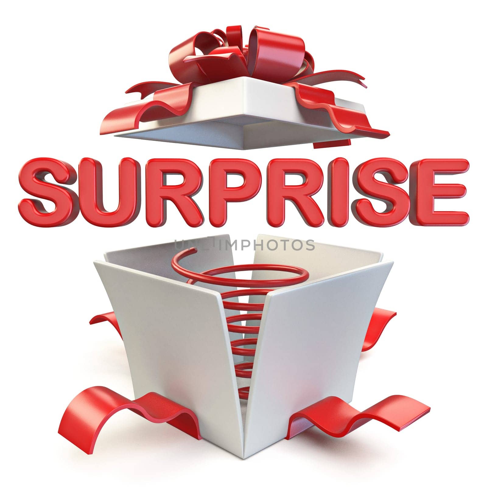Opened gift box with SURPRISE word 3D render illustration isolated on white background