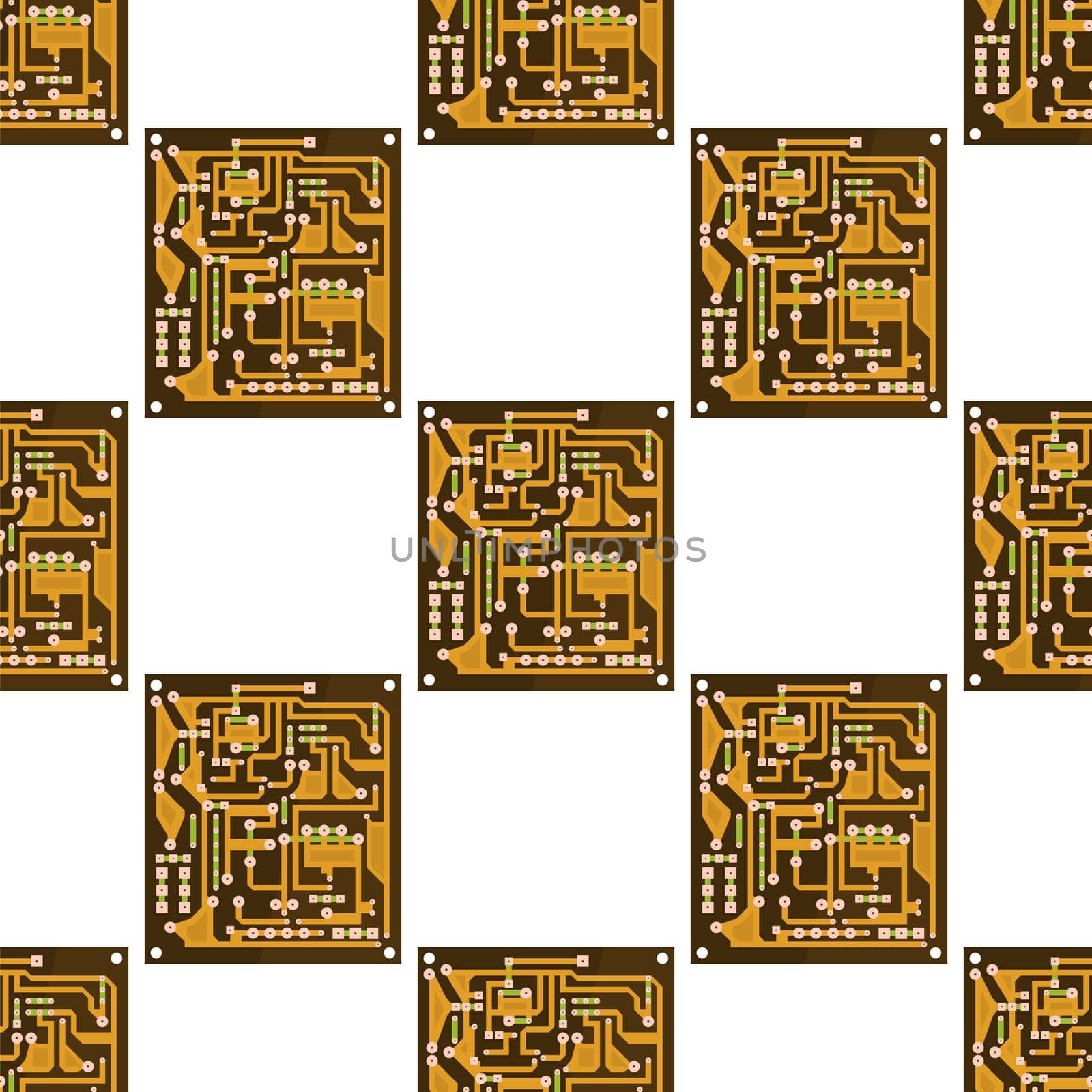 Circuit Board Seamless Pattern on White Background. Flat Design. Modern Computer Technology Background. High Tech Printed Symbol.