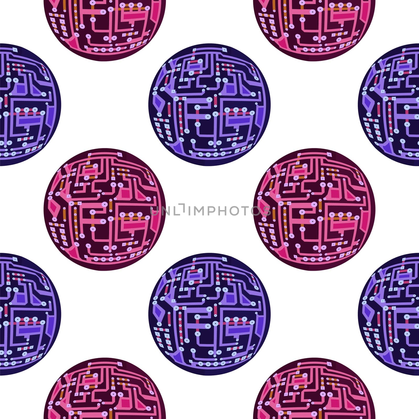 Colorful Circuit Board Sphere Seamless Pattern on White Background. Flat Design. Modern Computer Technology Texture. High Tech Printed Symbol.