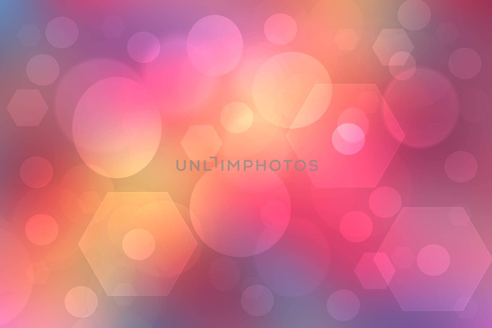 Abstract gradient orange pink yellow background texture with defocused sparkle bokeh circles and mixed geometrical shapes. Beautiful texture for presentation, website element, advertising, business card or event flyer.