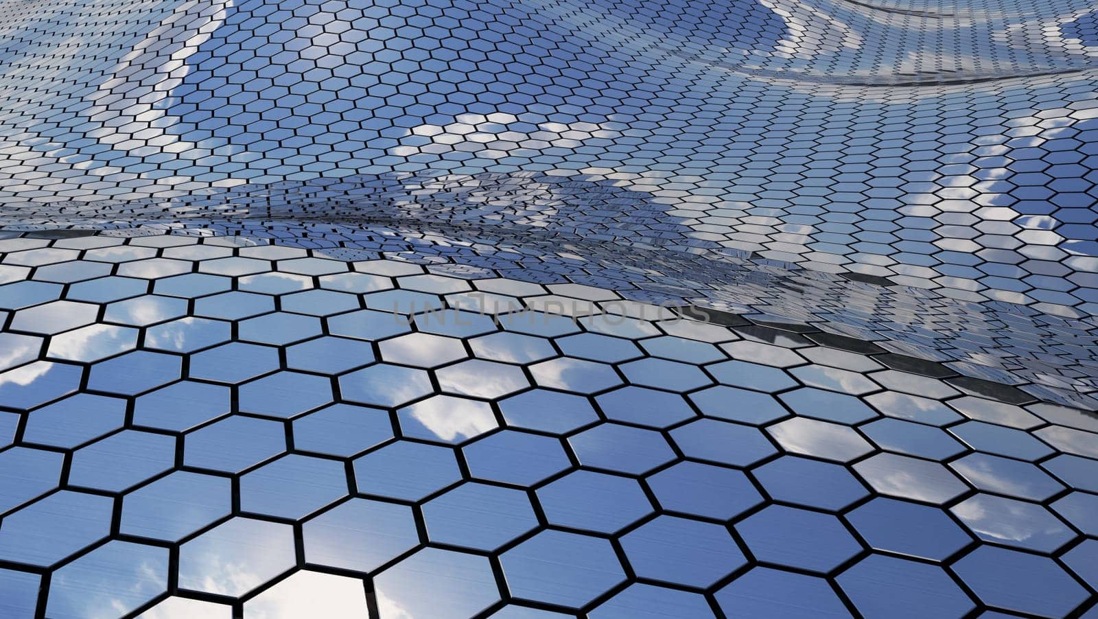 Futuristic wavy chrome surface hexagon sky reflection pattern, building  facade realistic 3D Rendering