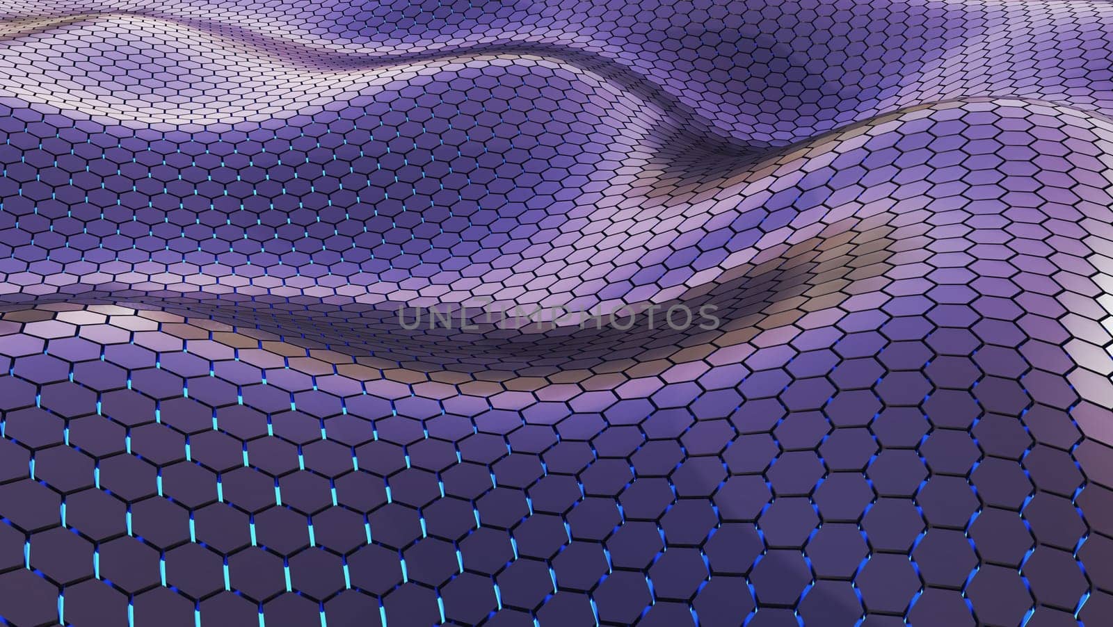 Futuristic wavy surface hexagon pattern with back blue light effect realistic 3D Rendering