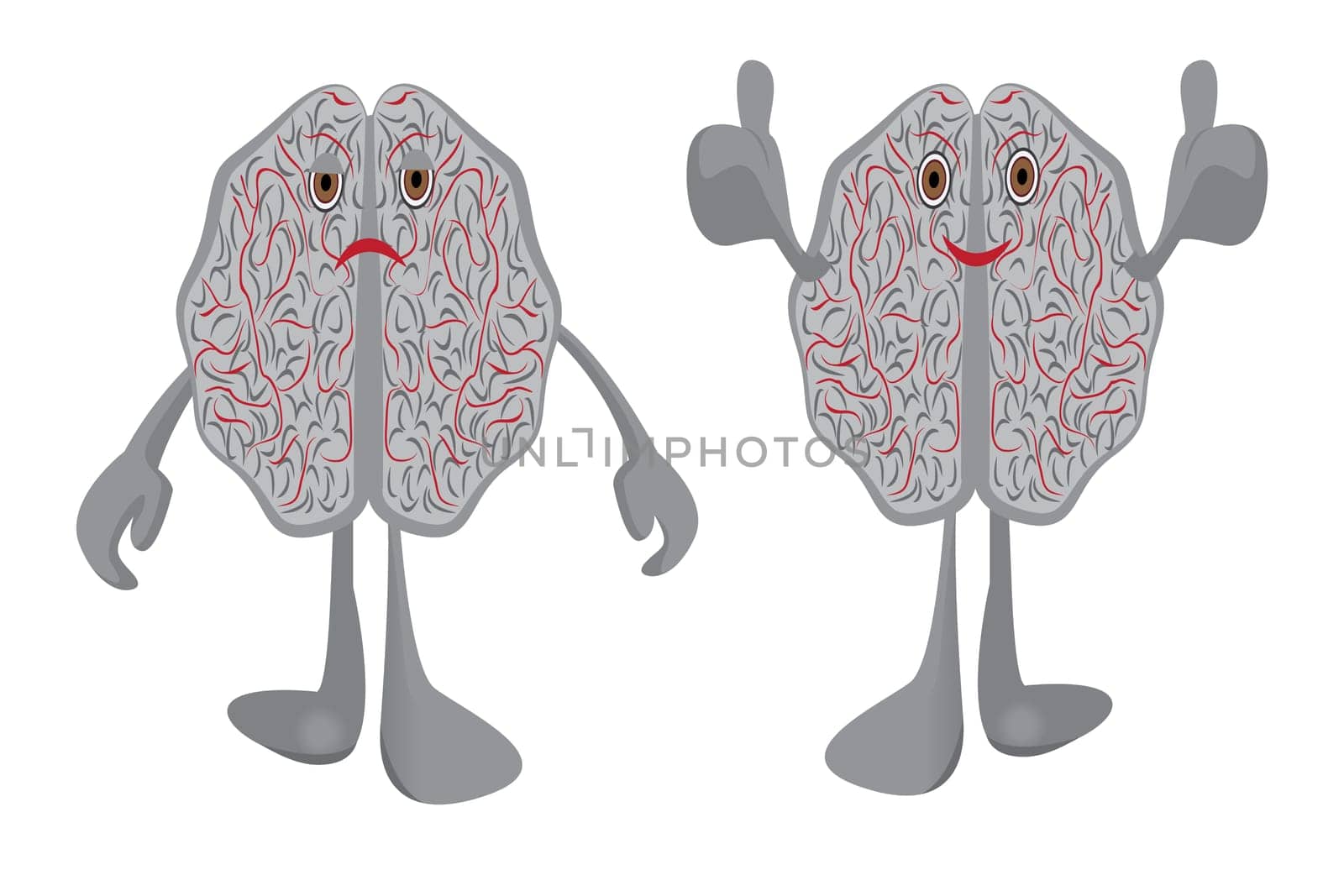 Brain affected with stress and healthy optimistic brain vector illustration symbolizing education isolated on a white background