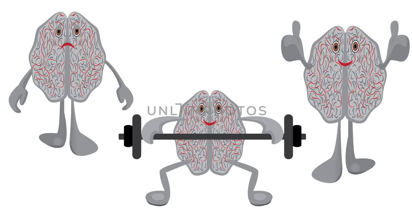 A brain affected with stress, brains having exercises with a barbell and healthy trained brain symbolizing education training intellect exercises vector illustration isolated on a white background