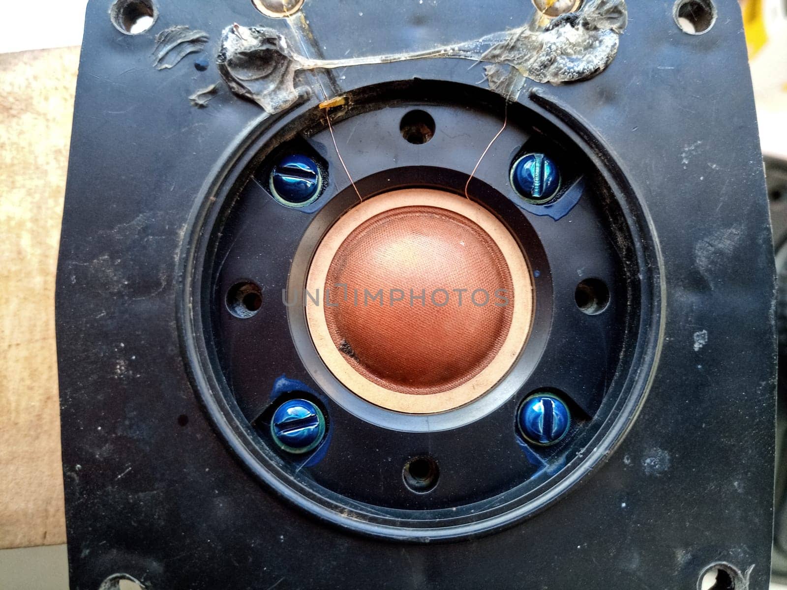 Speaker repair, disassembled speaker. High-frequency speaker 10gdv-2-16 on a white background. A component of a three-way speaker system.