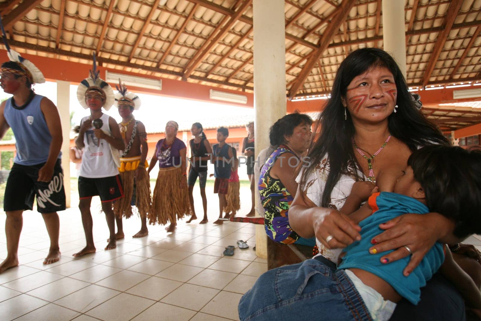 pau brasil, bahia / brazil - may 10, 2012: Pataxo Hahahae indigenous people are seen during a celebration in a public school in the municipality of Pau Brazil.