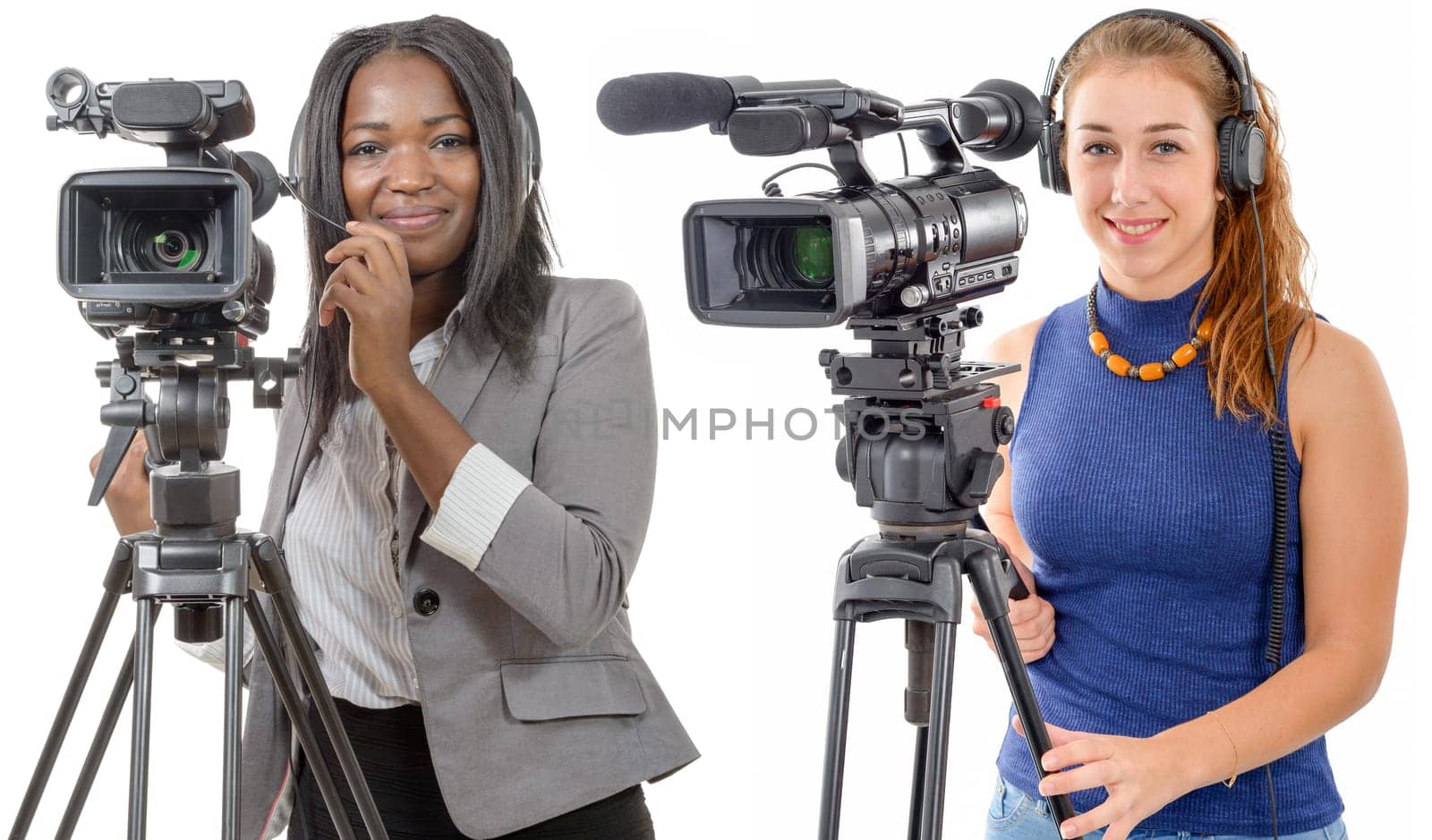 two young women with a professional video camera and headphone