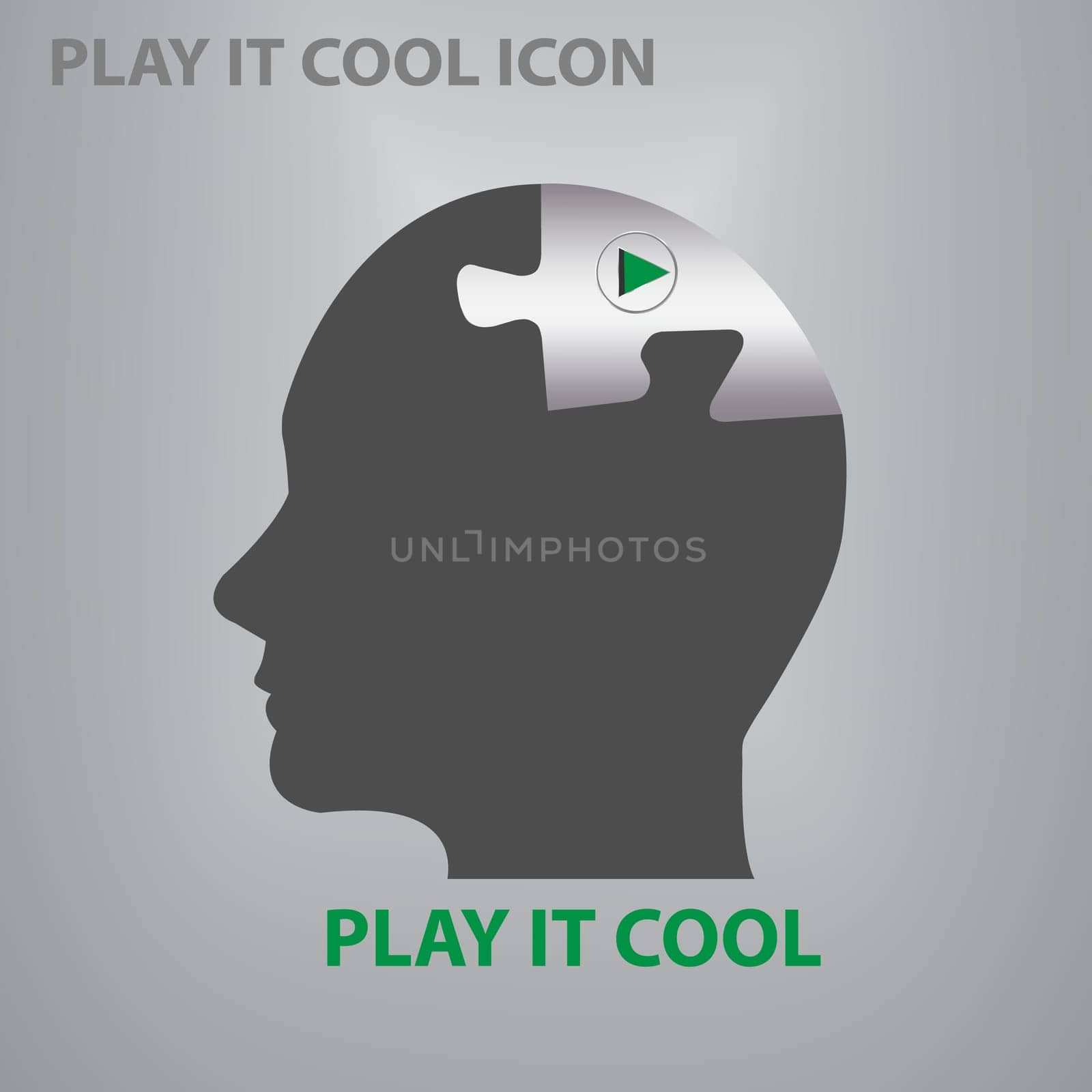 Abstract vector showing silhouette of the head of man with button play on a metallic piece of puzzle.