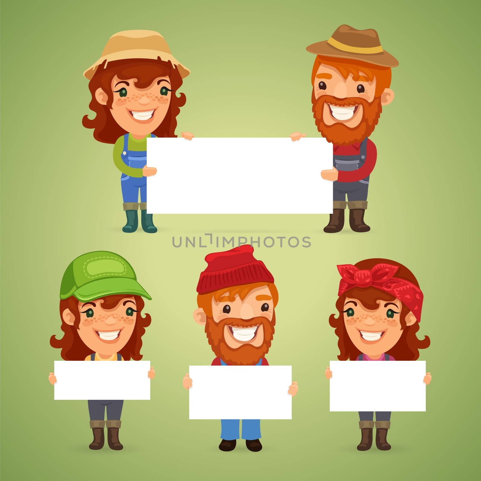 Farmers With Blank Placards. In the EPS file, each element is grouped separately. Clipping paths included in additional jpg format.
