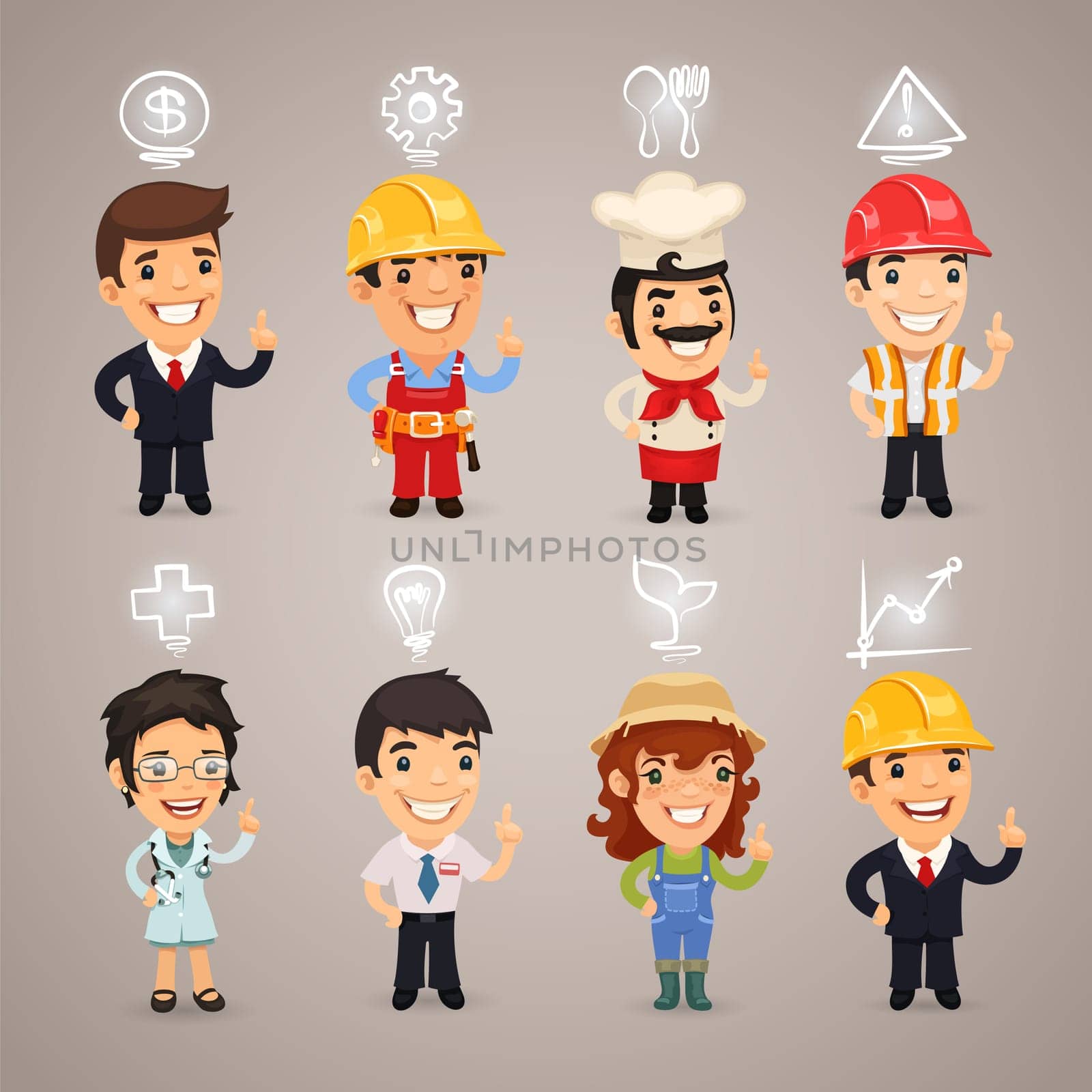 Professions Characters with Icons. In the EPS file, each element is grouped separately. Clipping paths included in additional jpg format.