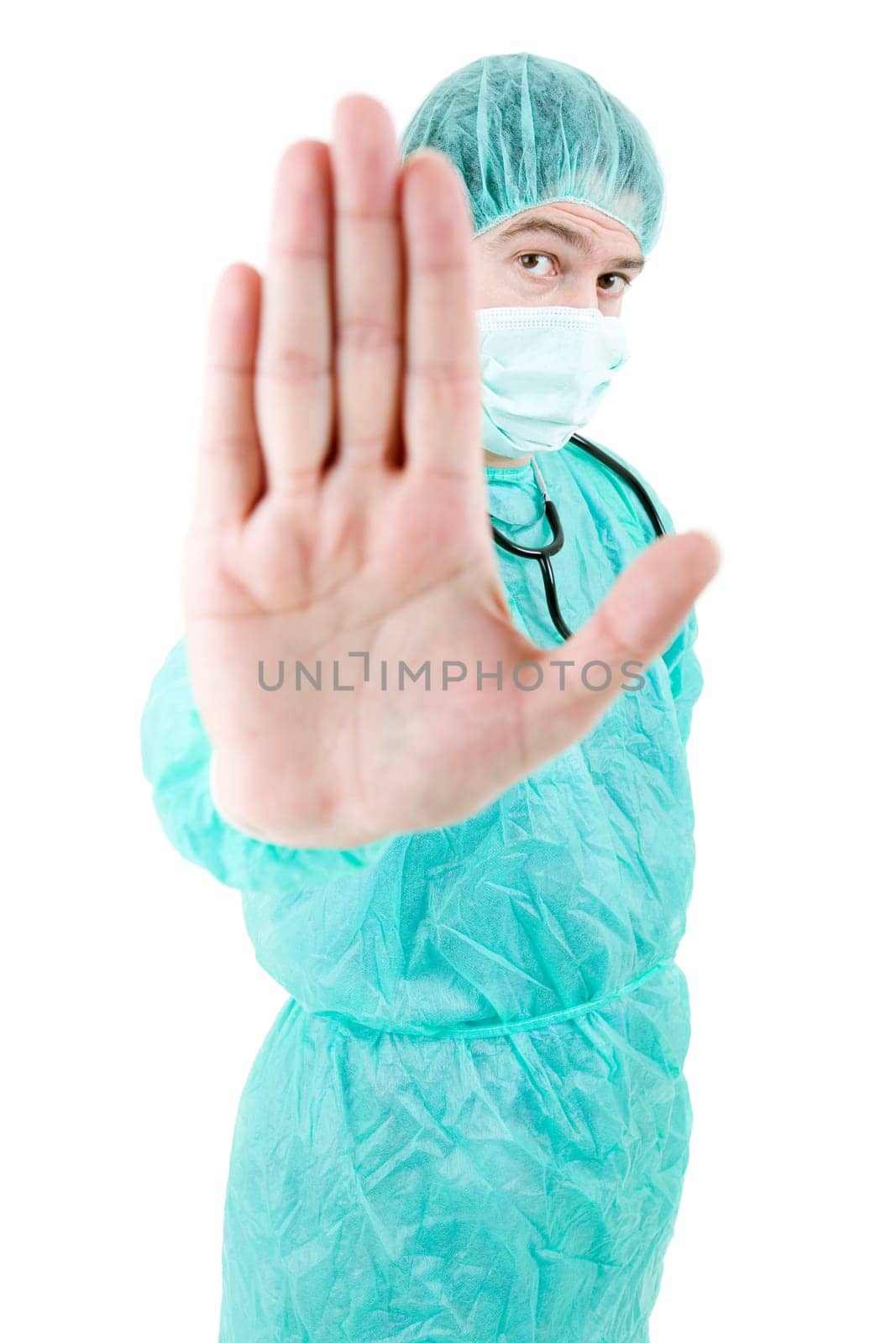 young male doctor going stop with his hand, isolated