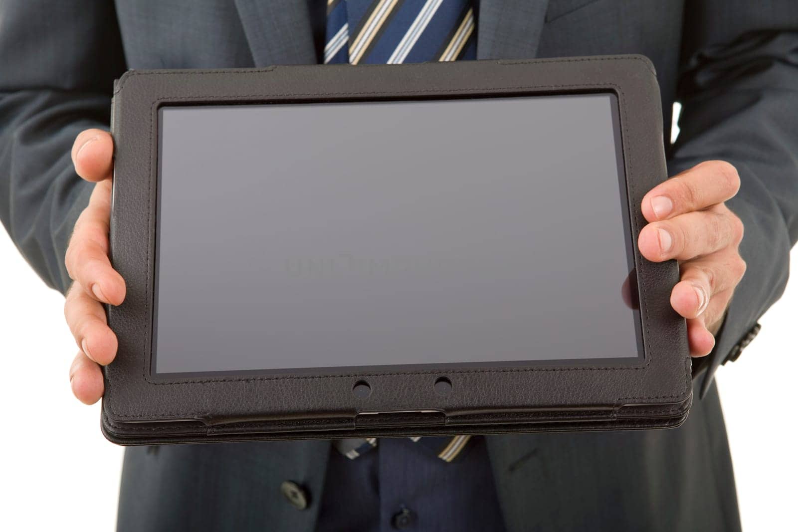 businessman showing a tablet pc, isolated