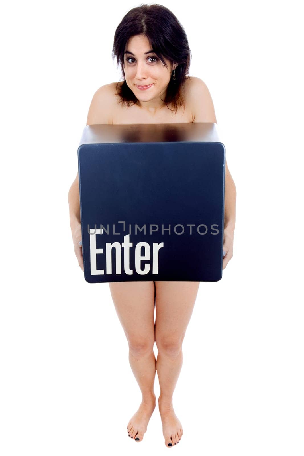 young beautiful naked woman with the enter key