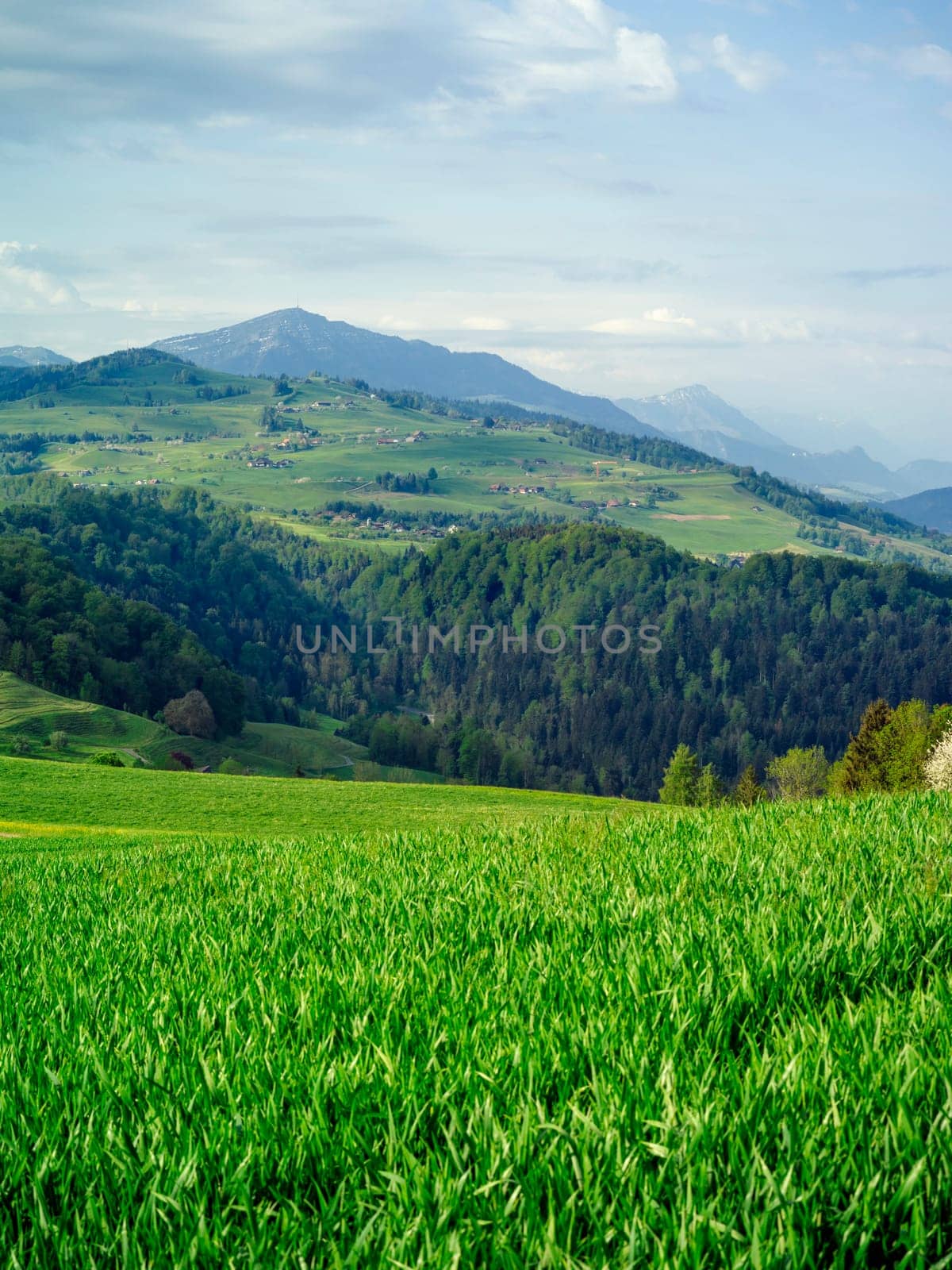 View of the rolling hills and beautiful countryside of Neuheim in the Canton of Zug, Switzerland.