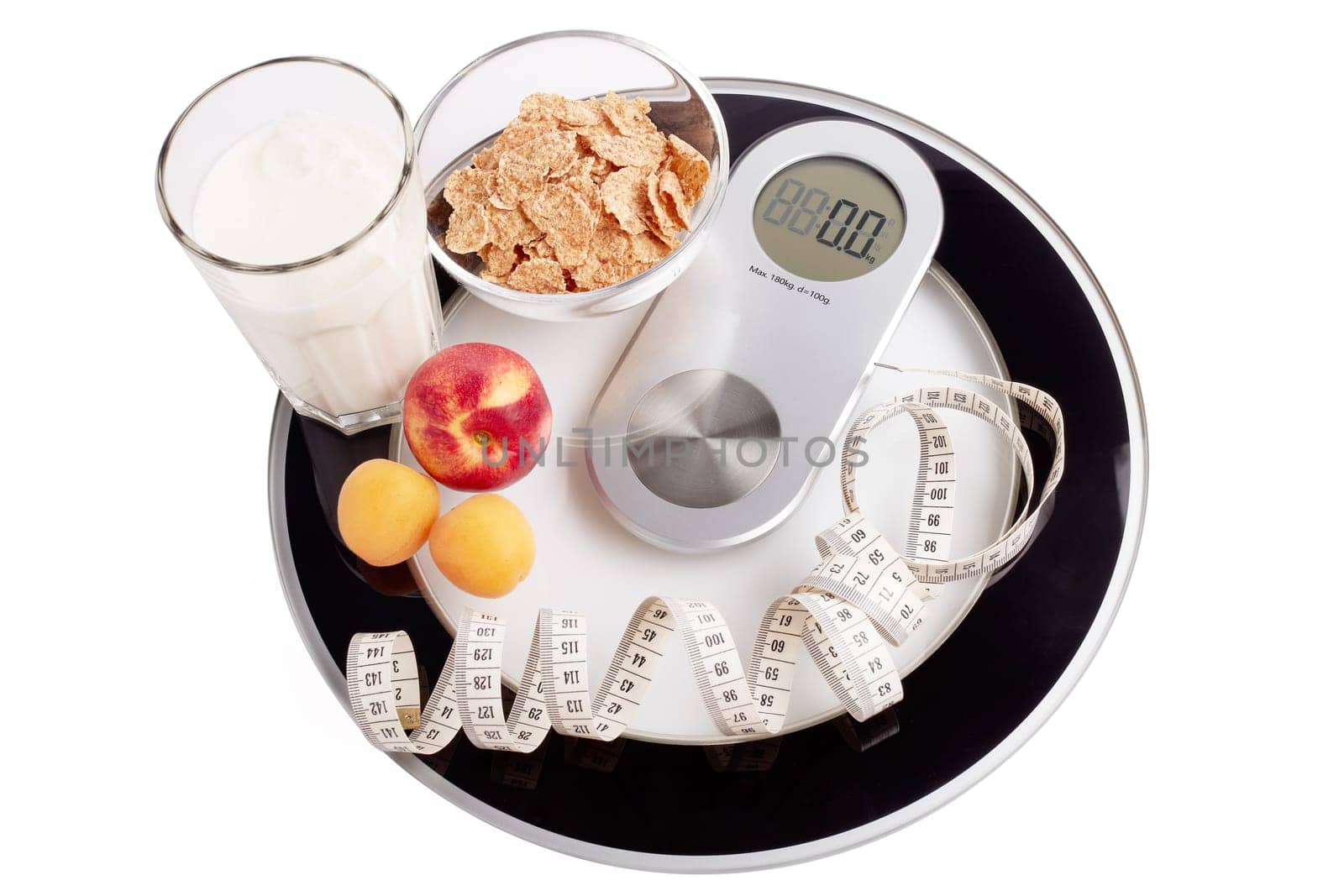 Slimming, diet, and control of weight. Still life with healthy food, scales and measuring tape. Healthy nutrition. Healthy lifestyle concept. Control of weight during the isolation period