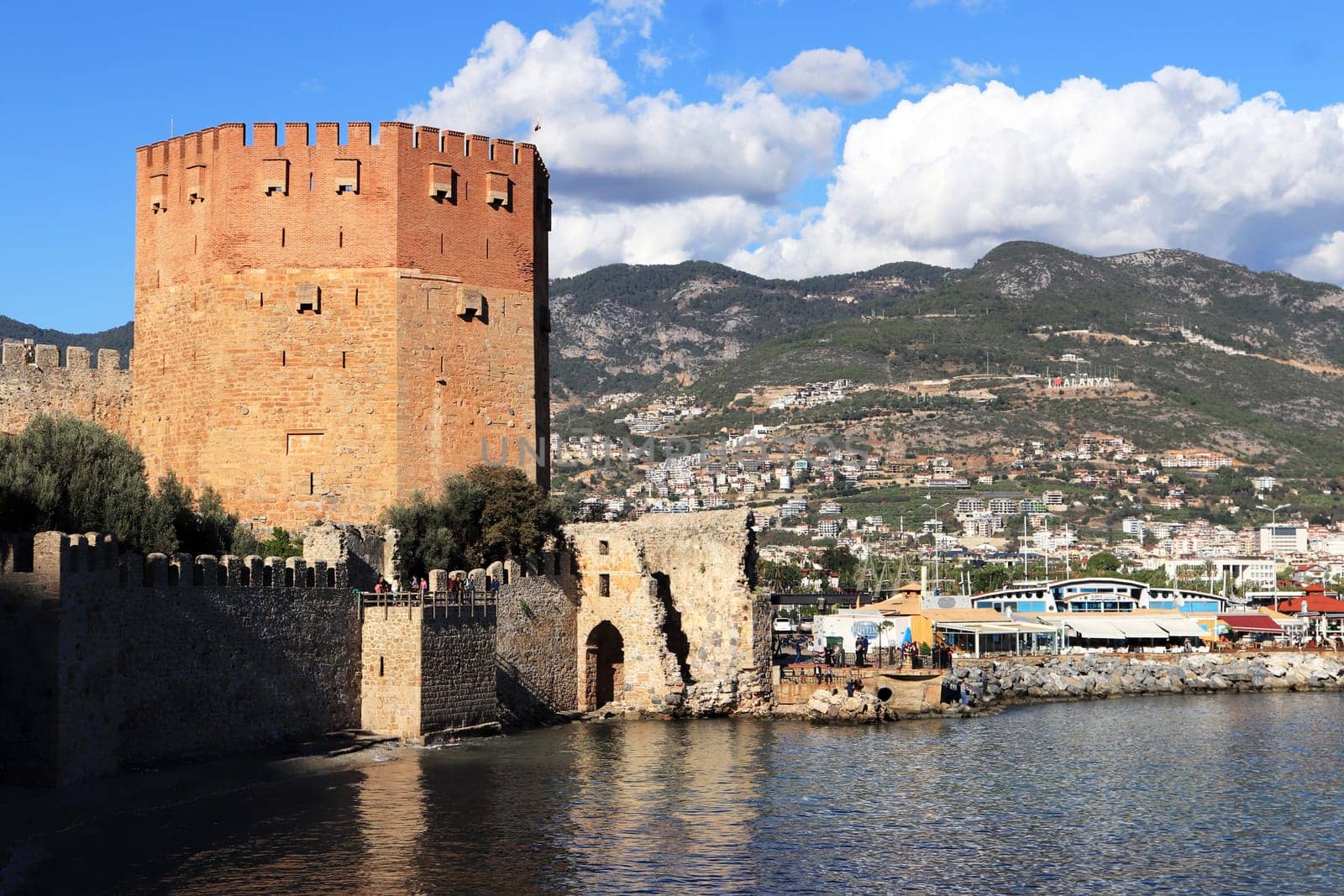 Ancient Bedesten Alanya fortress main tower view. Black sea. Turkey.