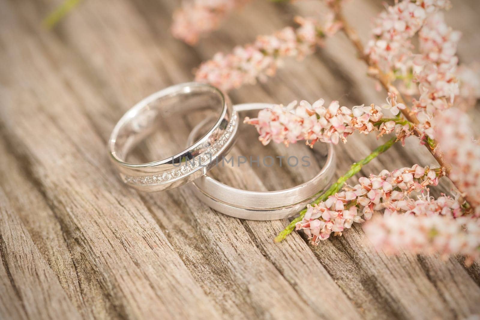 silver wedding rings with pink Flowers on a wooden underground