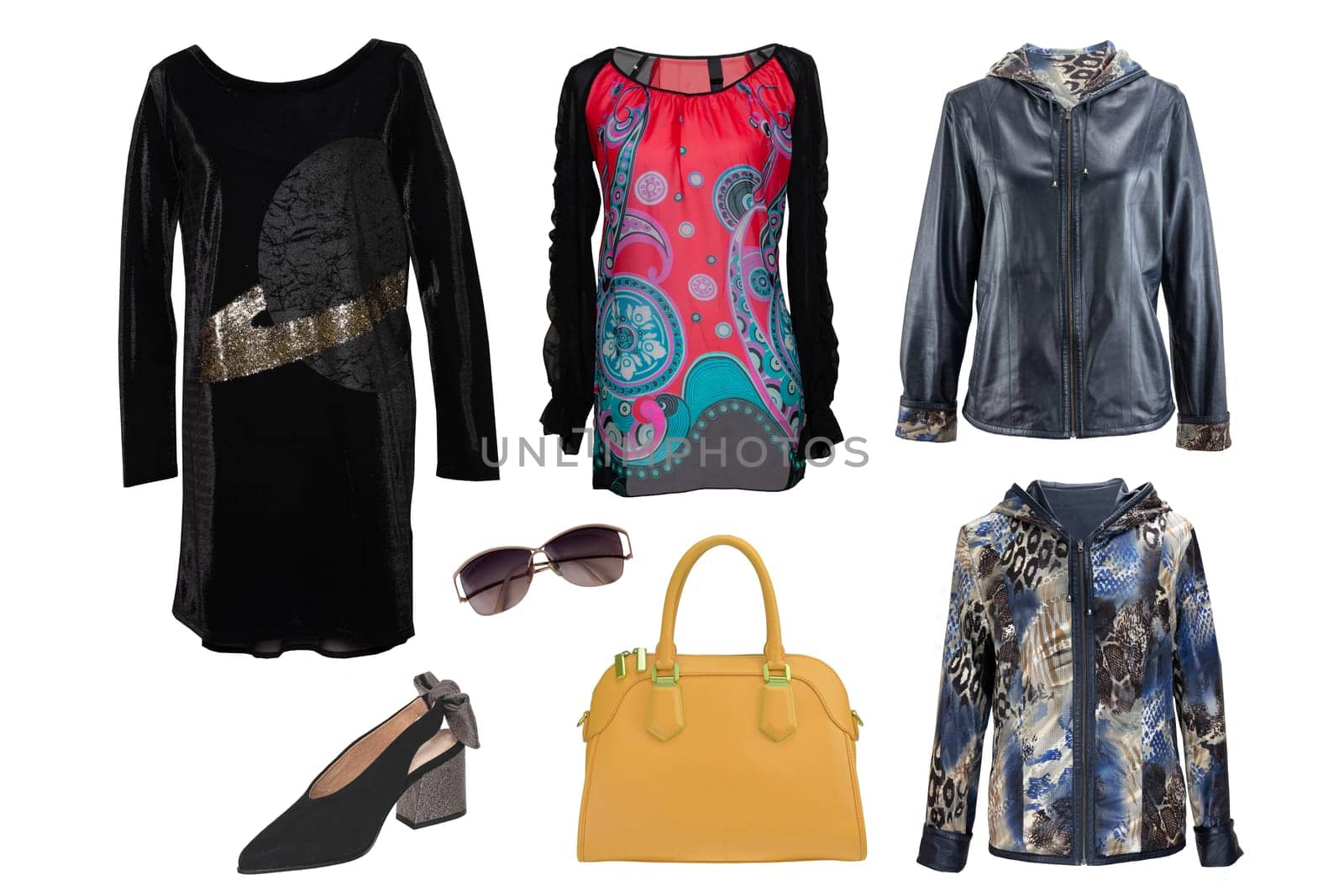 Collage woman clothes. Set of stylish and luxurious trendy women dress, sweater or blouse, jackets, shoes, handbag and accessories isolated on a white background.