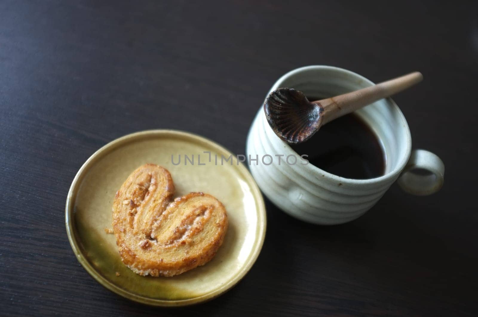 Cookies in the form of heart with coffee . Copy text menu food background.