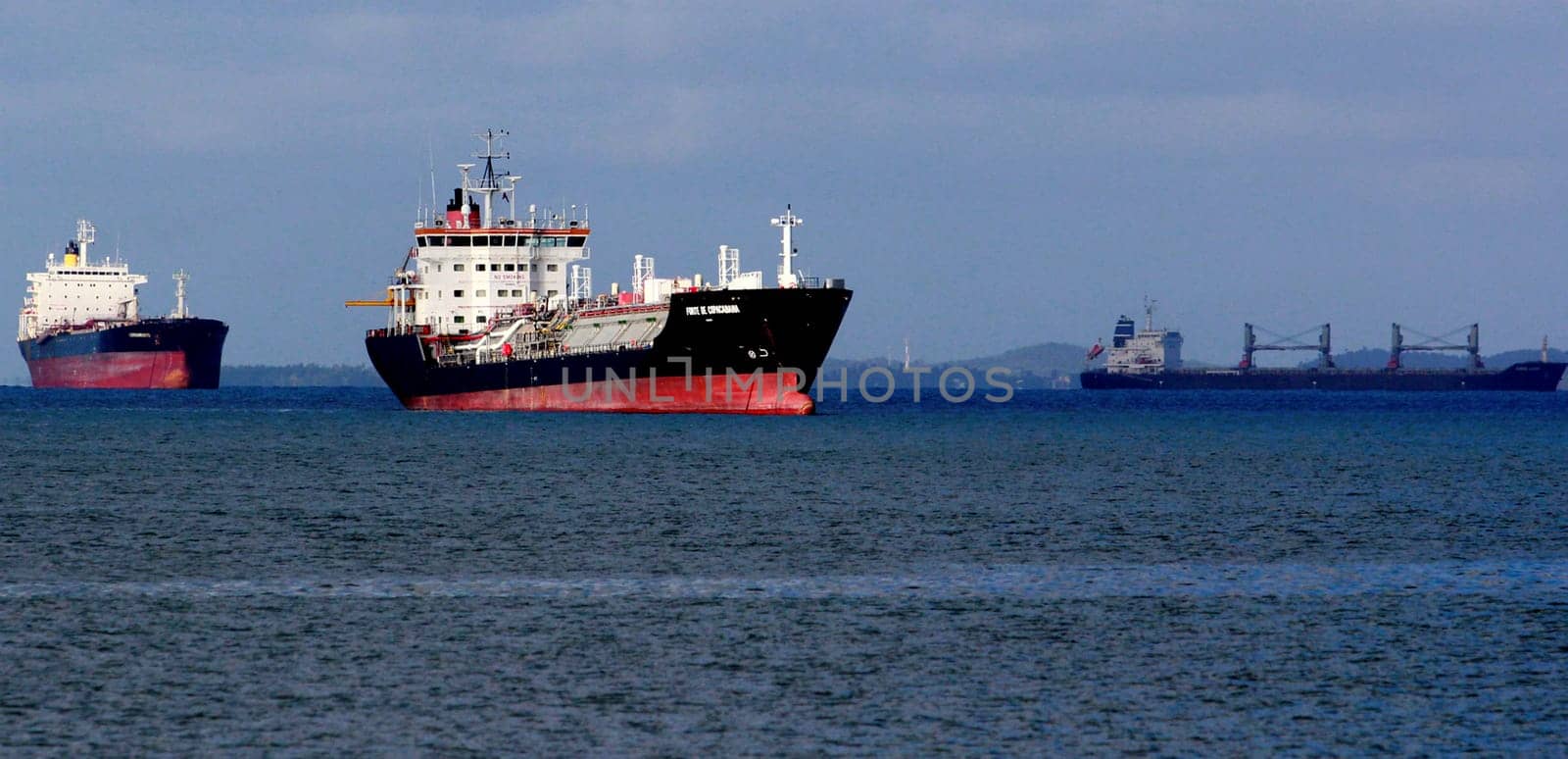 salvador, bahia / brazil -  november 4, 2014: Freighter ships are seen docked in the Todos os Santos Bay in Salvador.