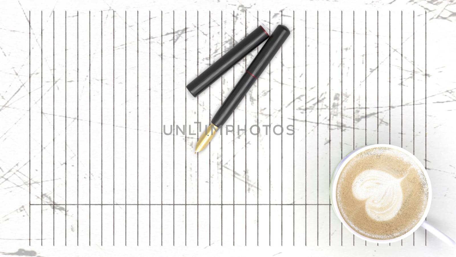 The 3d rendering of scratch paper with pen and coffee on it