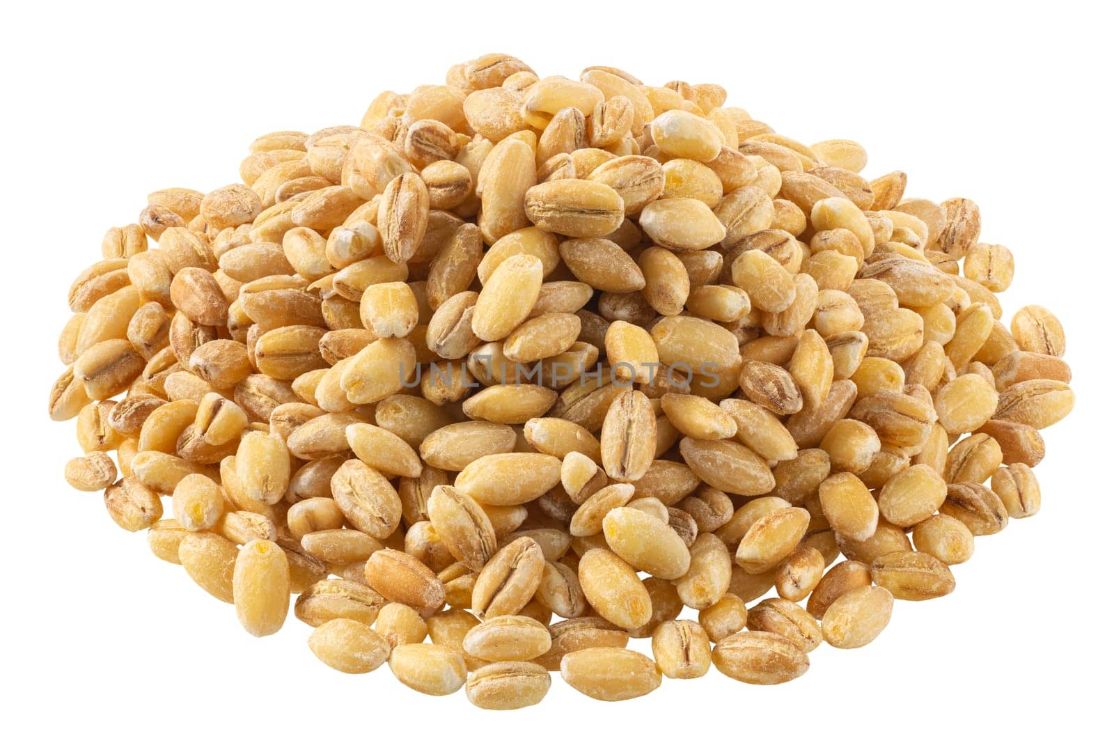 Pile of uncooked pearl barley, a wholegrain cereal, isolated