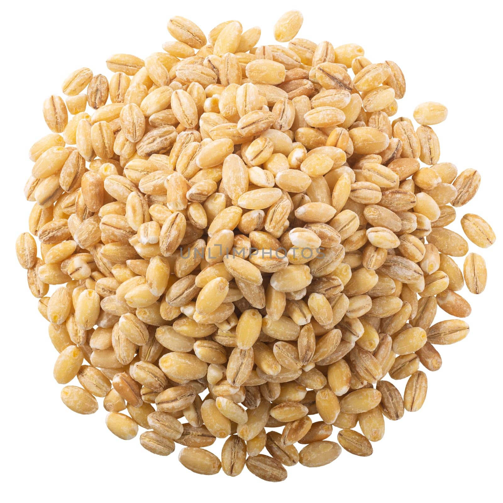 Pile of uncooked pearl barley, a wholegrain cereal, isolated, top view