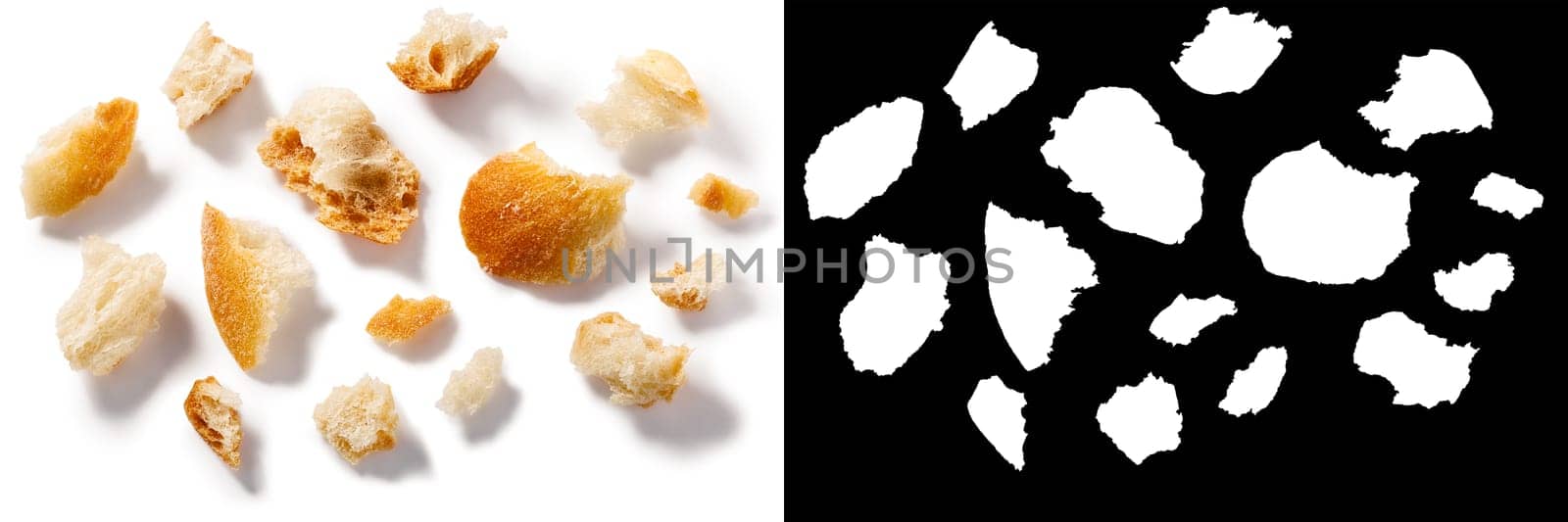 Bread or baguette crumbs, roughly cut or broken pieces isolated, top view