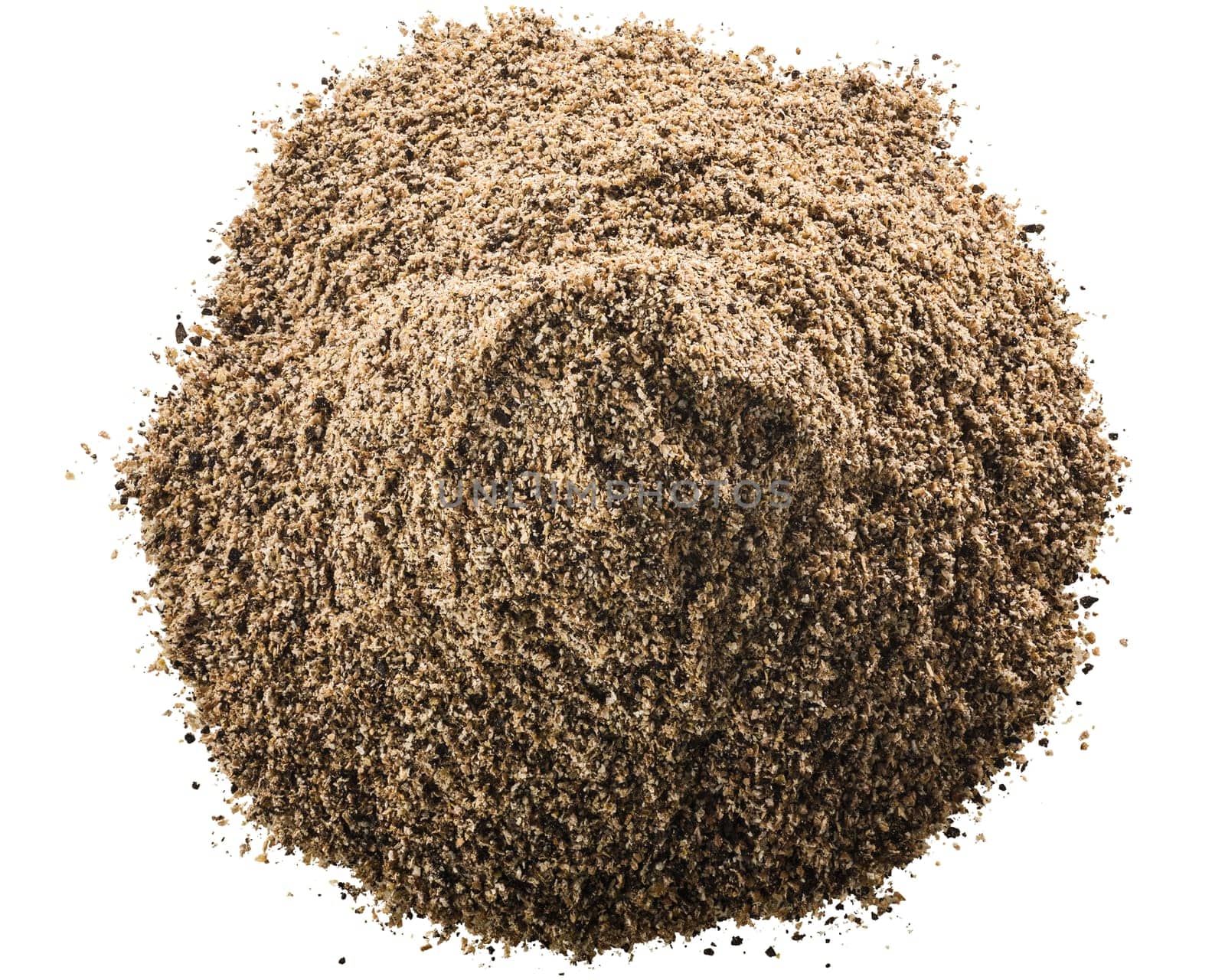 Pile of ground black pepper or peppercorns, isolated, top view