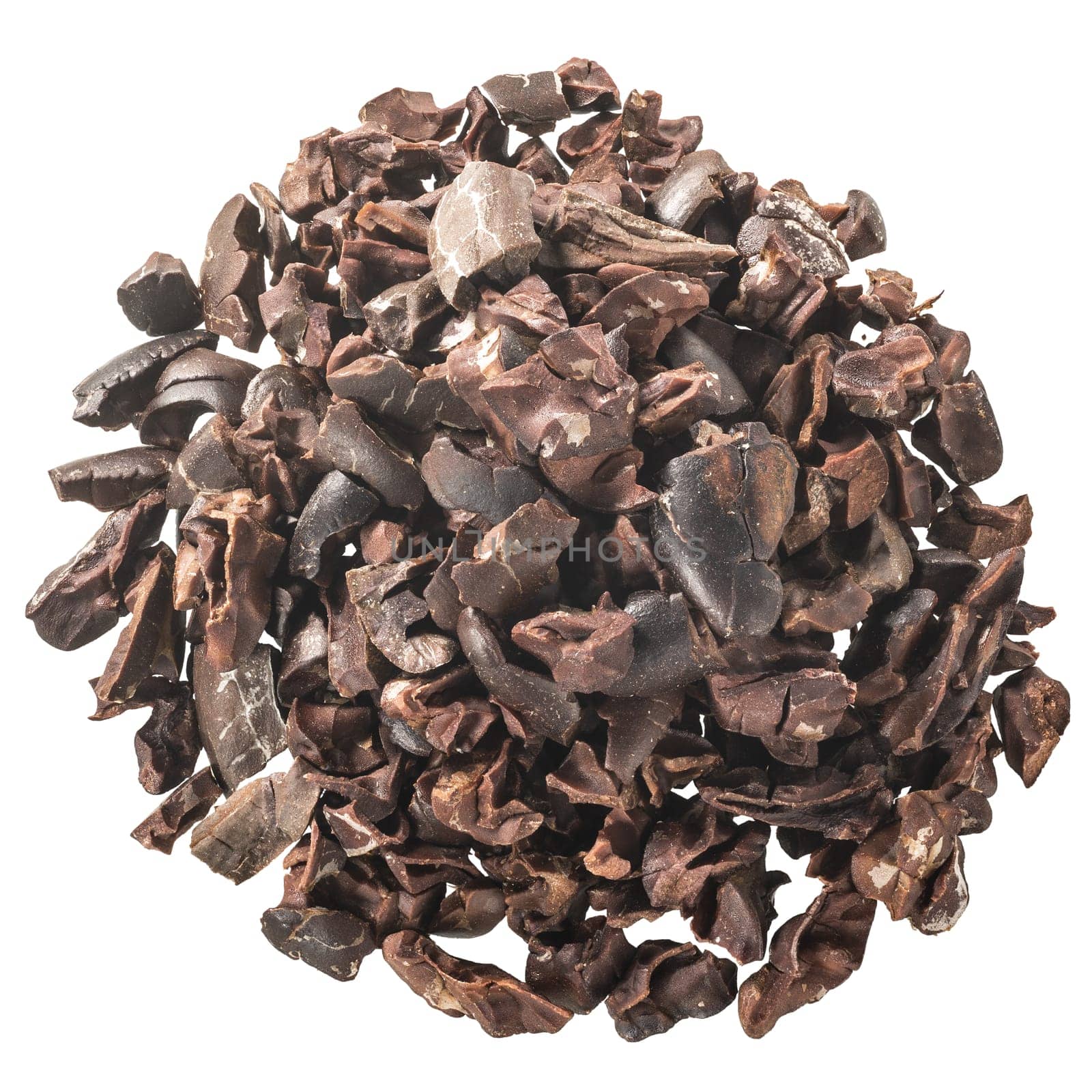 Cacao nibs, a pieces of broken cocoa beans isolated, pile of, top view