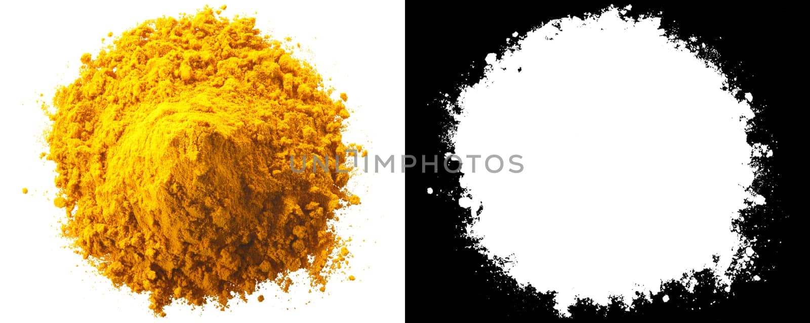Pile of turmeric powder (ground dried rhizome of Curcuma longa), isolated, top view