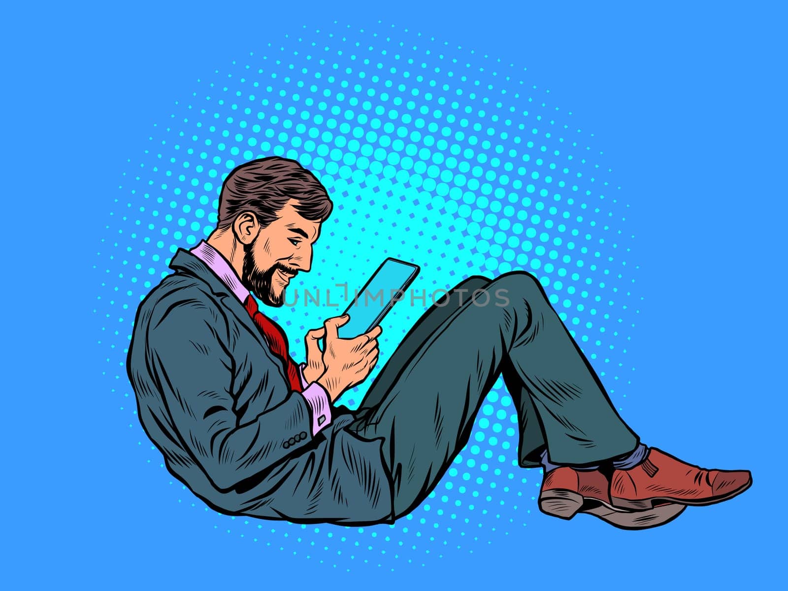 A man reads an electronic tablet. Pop art retro vector illustration kitsch vintage 50s 60s style