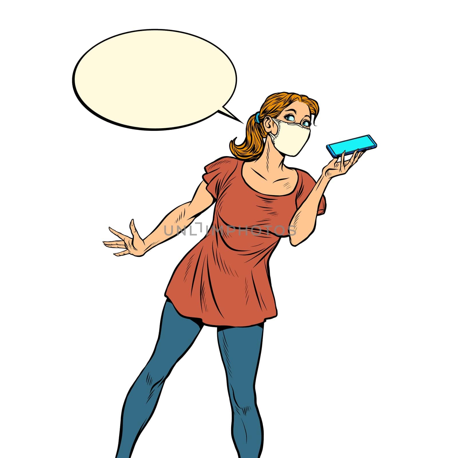 a woman in a medical mask speaks on the phone. Pop art retro vector illustration kitsch vintage 50s 60s style