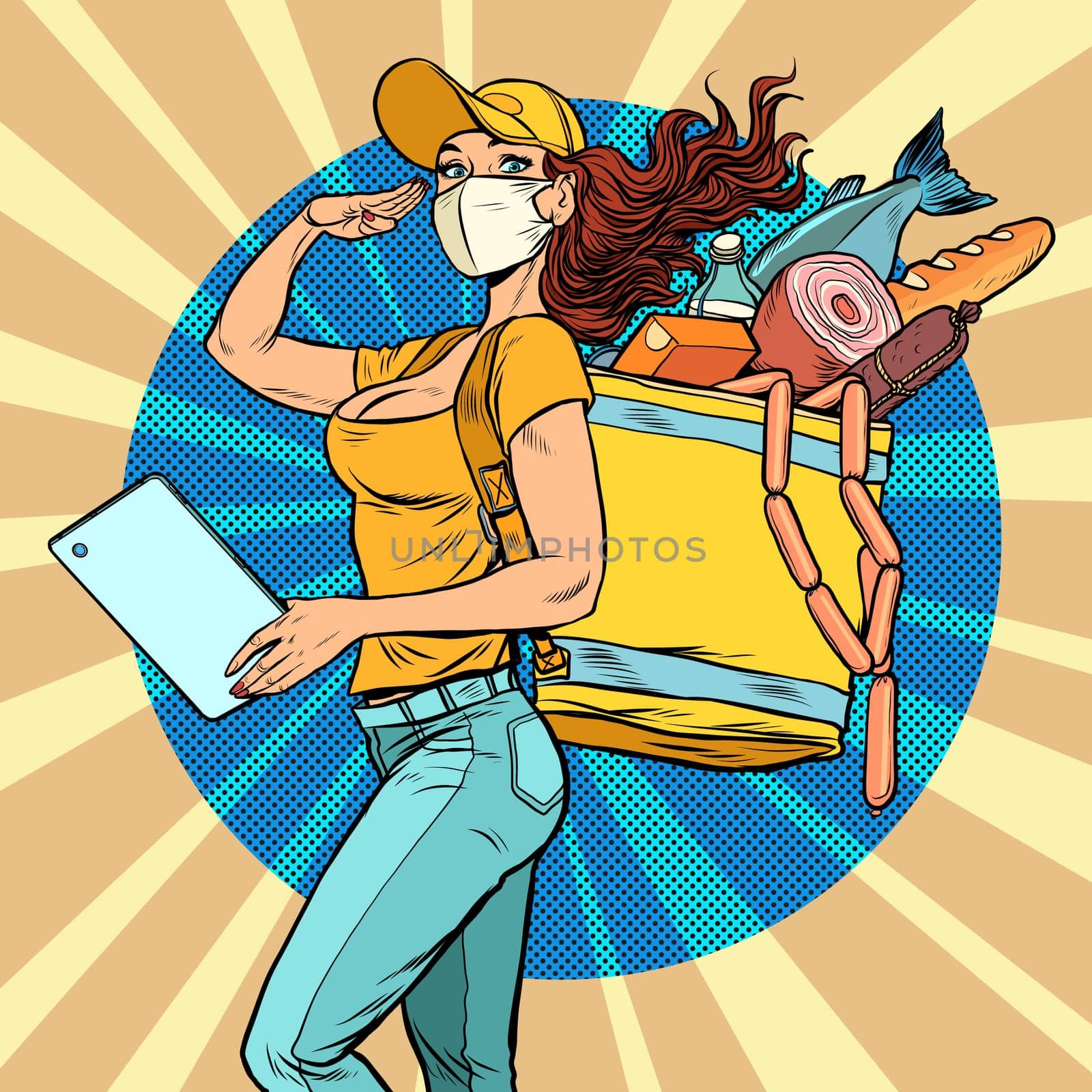 courier girl in a medical mask. food delivery during the epidemic. Pop art retro vector illustration kitsch vintage 50s 60s style