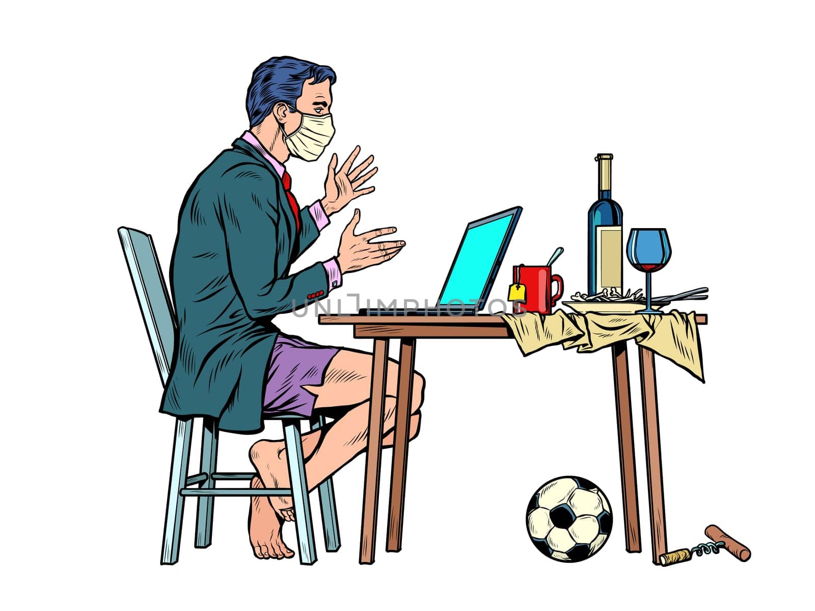 a man without pants blogger during the epidemic. live broadcast from home. Pop art retro vector illustration kitsch vintage 50s 60s style