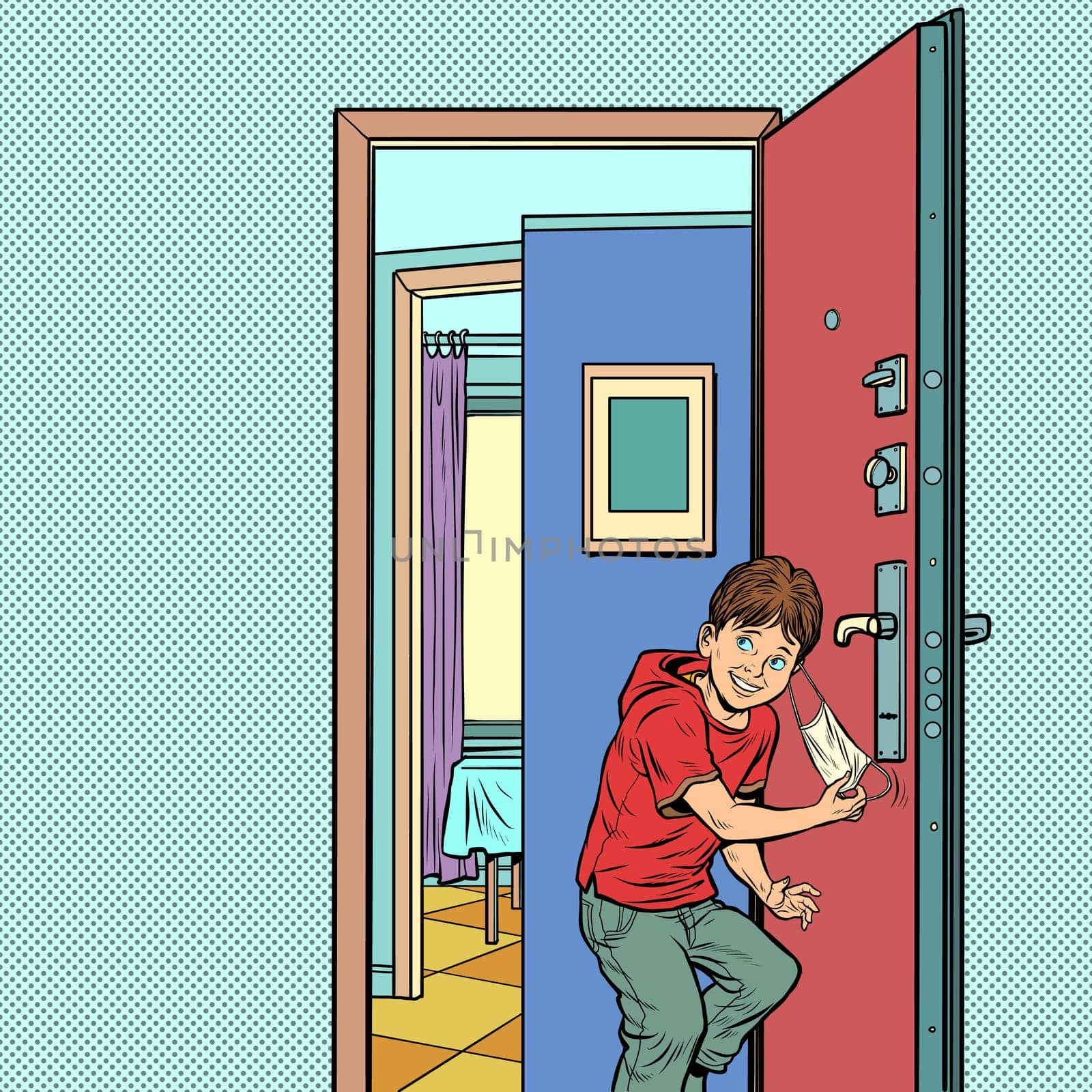 Final epidemic and quarantine. Boy leaves home and takes off medical mask. Pop art retro vector illustration kitsch vintage 50s 60s style