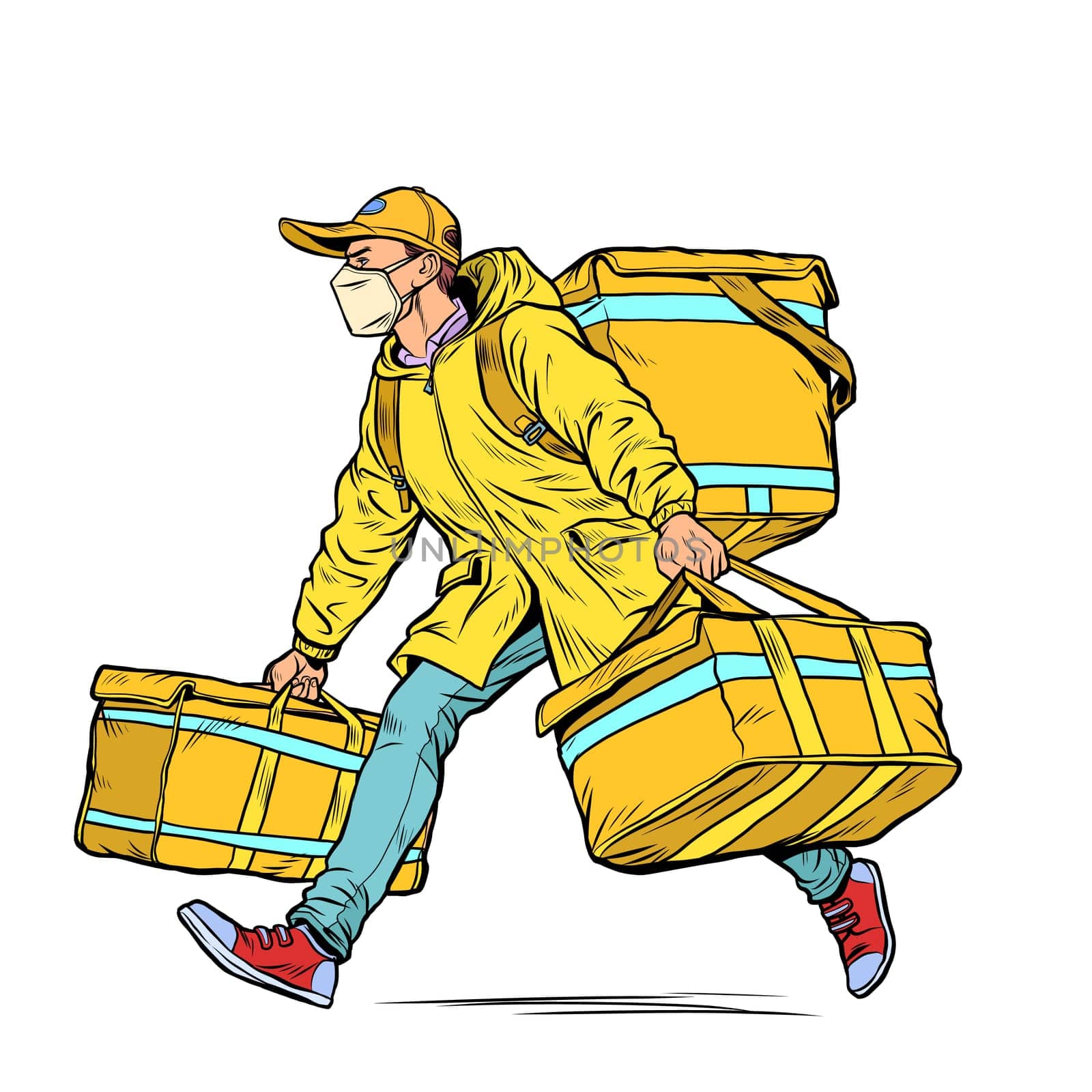 courier in a medical mask. food delivery during the epidemic. Pop art retro vector illustration kitsch vintage 50s 60s style
