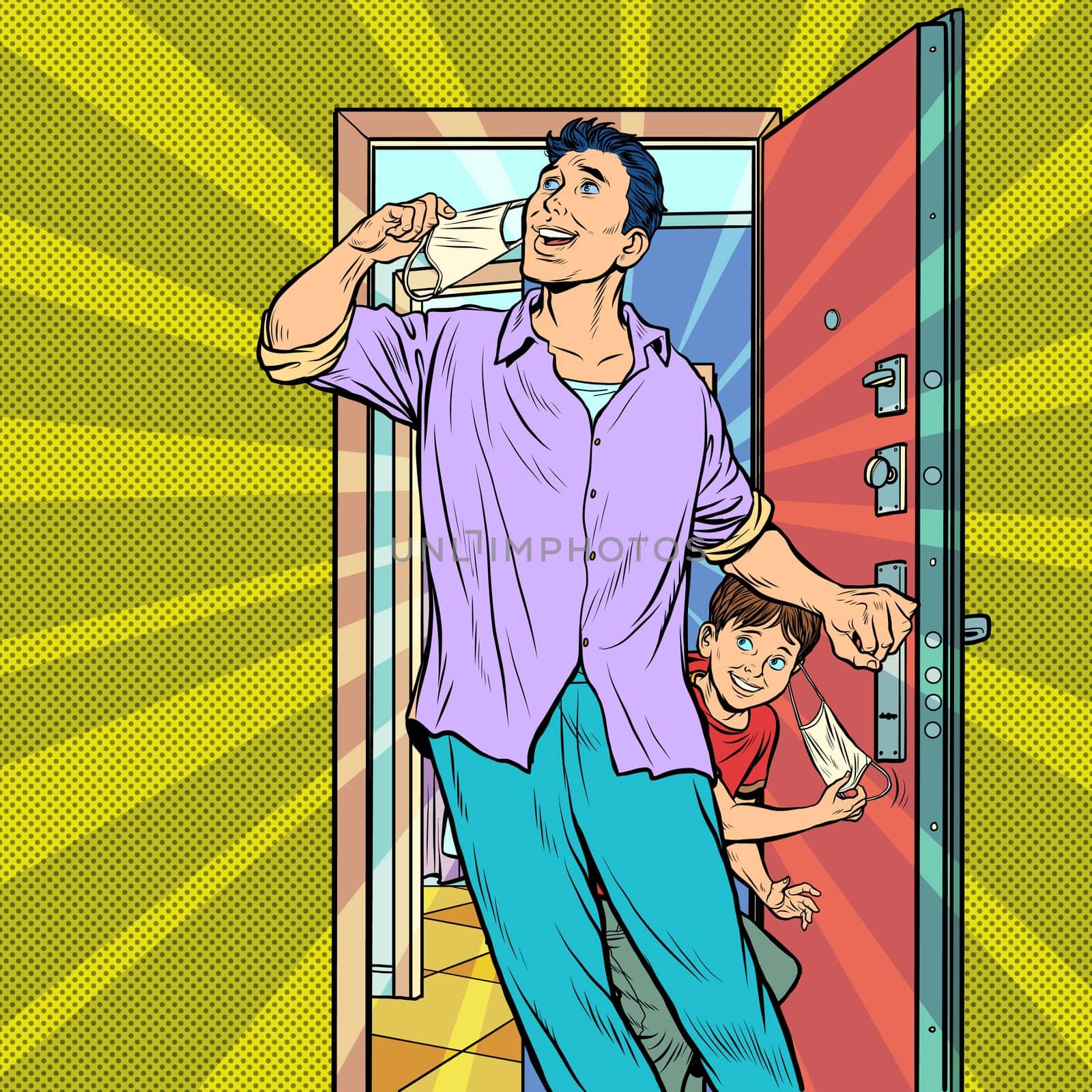 Final epidemic and quarantine. father and child leaves home and takes off medical mask. Pop art retro vector illustration kitsch vintage 50s 60s style
