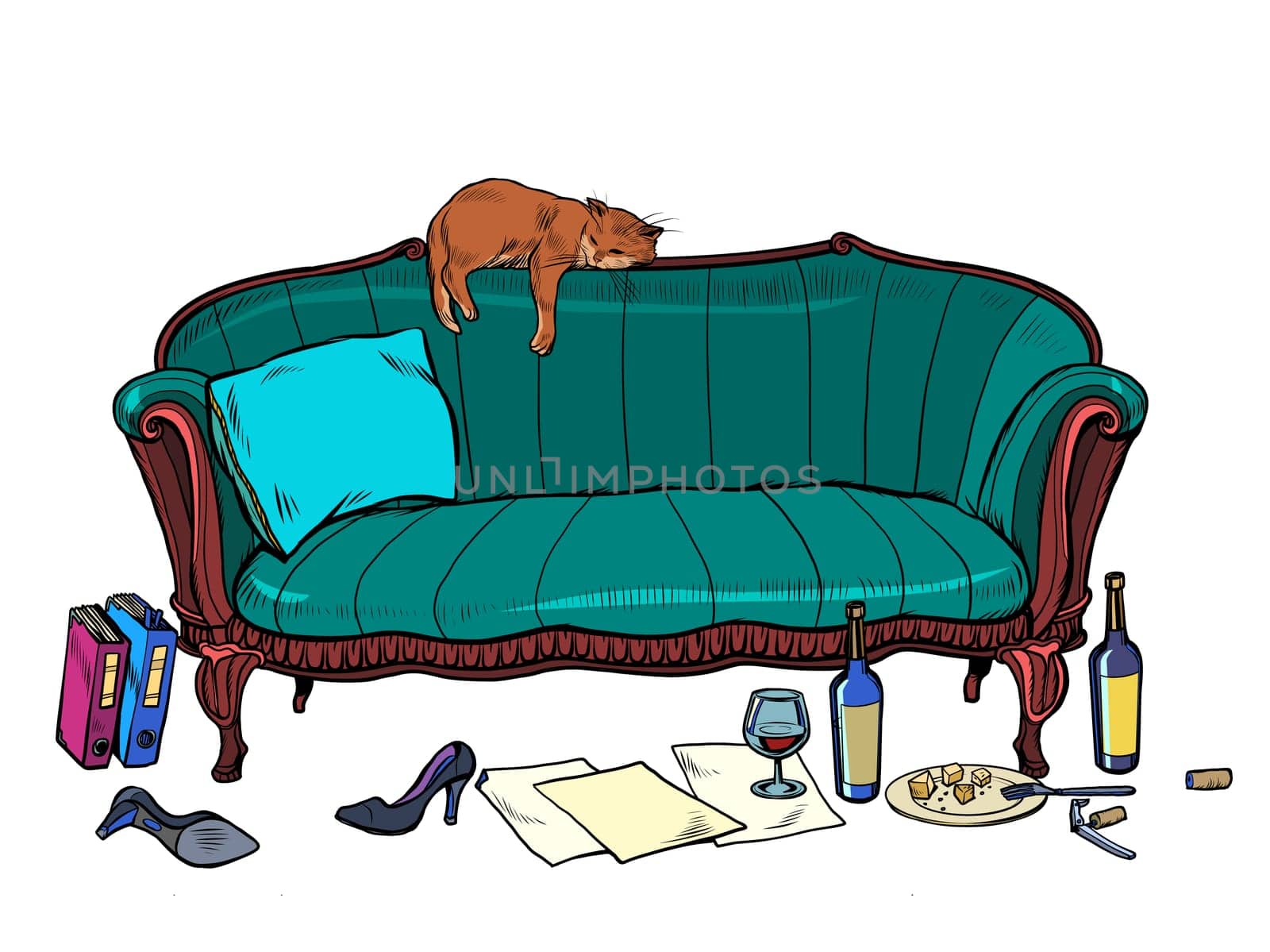cat mess room. Pop art retro vector illustration kitsch vintage 50s 60s style