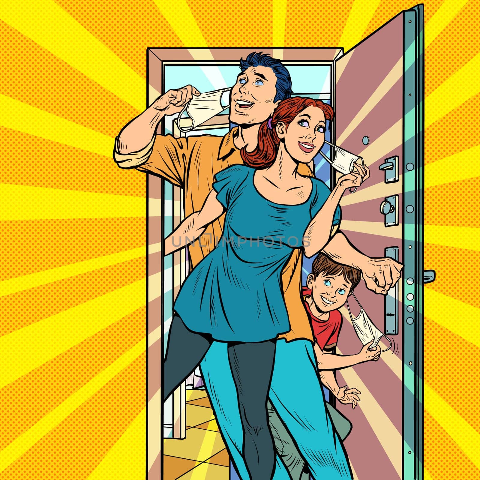 Final epidemic and quarantine. Family leaves home and takes off medical mask. Pop art retro vector illustration kitsch vintage 50s 60s style