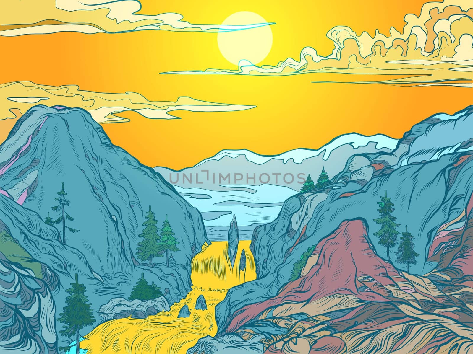 mountains sun river mountain resort or natural Park. Pop art retro vector illustration vintage kitsch 50s 60s style