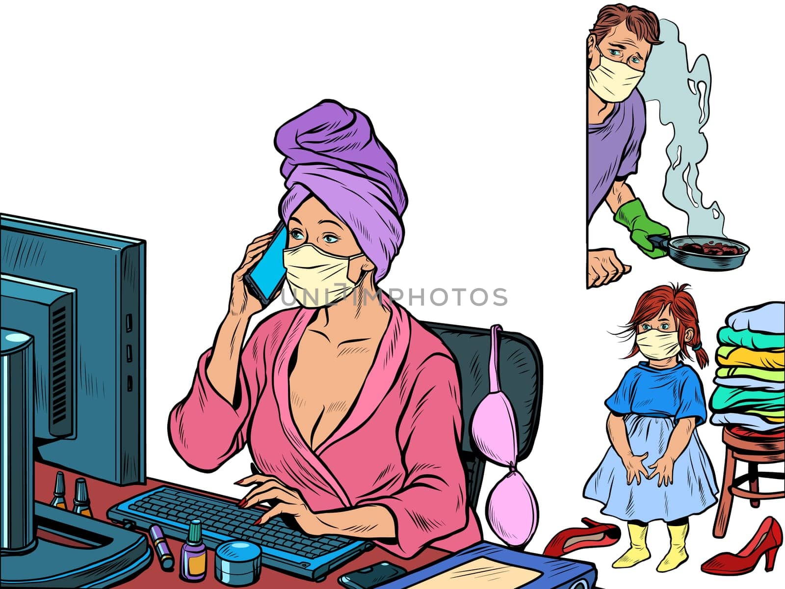 woman work at home freelance epidemic self isolation quarantine. Pop art retro vector illustration kitsch vintage 50s 60s style
