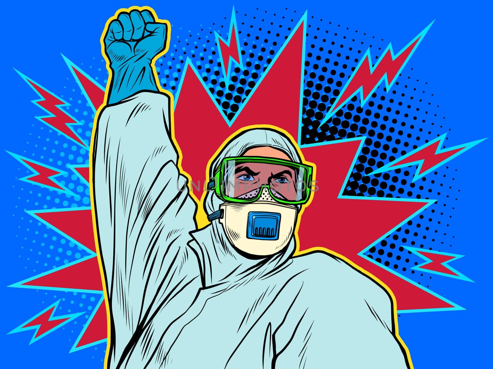 A doctor in a full protection suit. Resistance gesture. Epidemic coronavirus covid19. Pop art retro vector illustration 50s 60s style