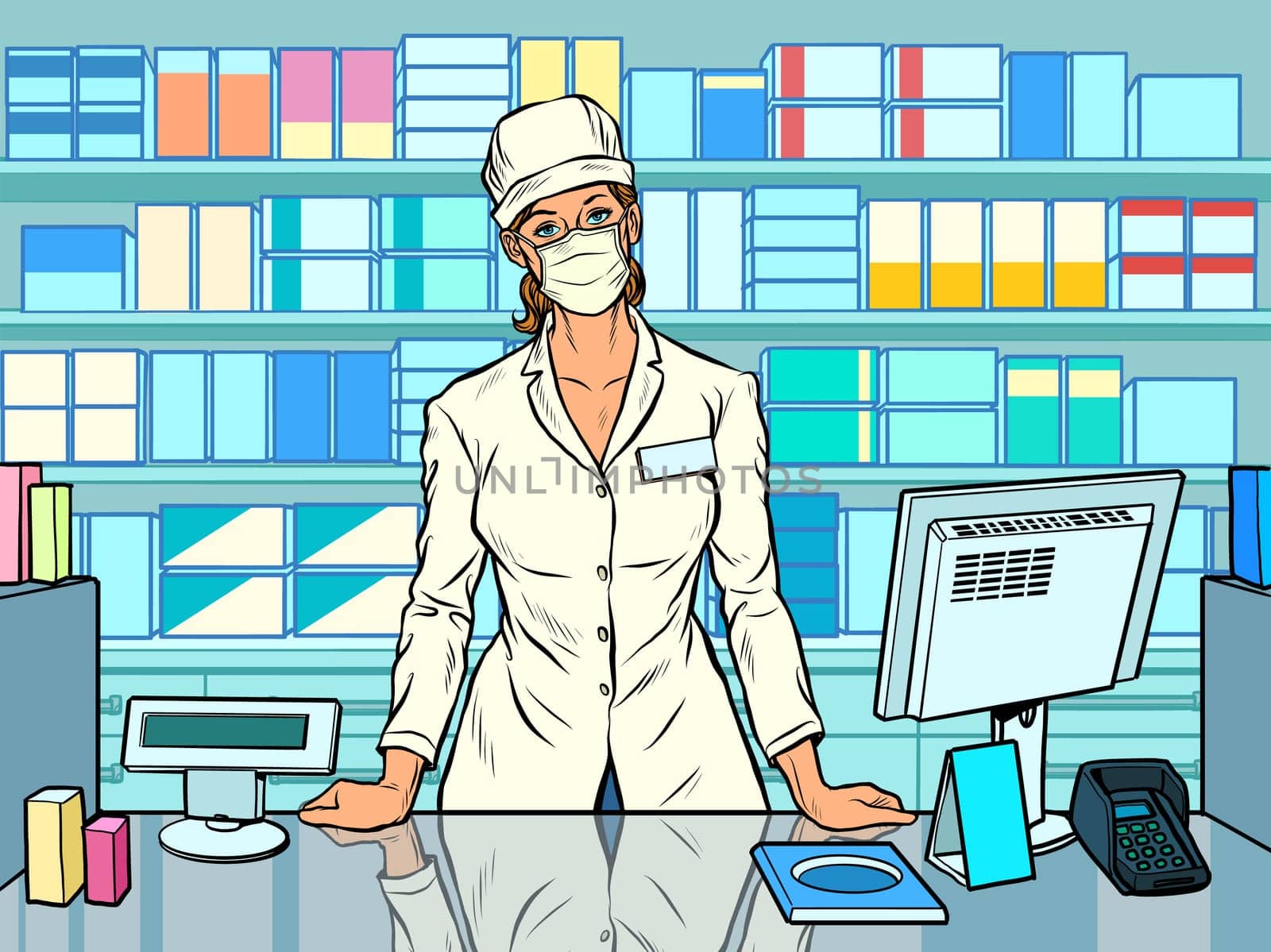 Female pharmacist during an outbreak of the coronavirus. Working in a pharmacy. Medicine sales. Pop art retro vector illustration 50s 60s style