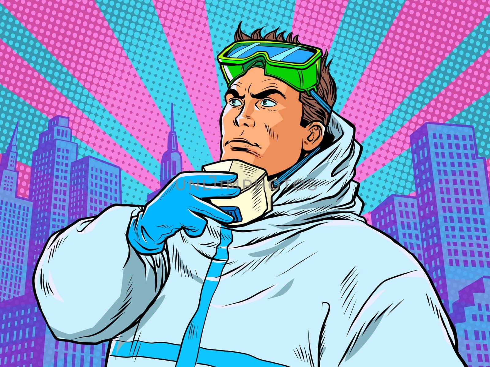 The doctor removes the protective mask. Covid19 coronavirus epidemic. Pop art retro vector illustration 50s 60s style