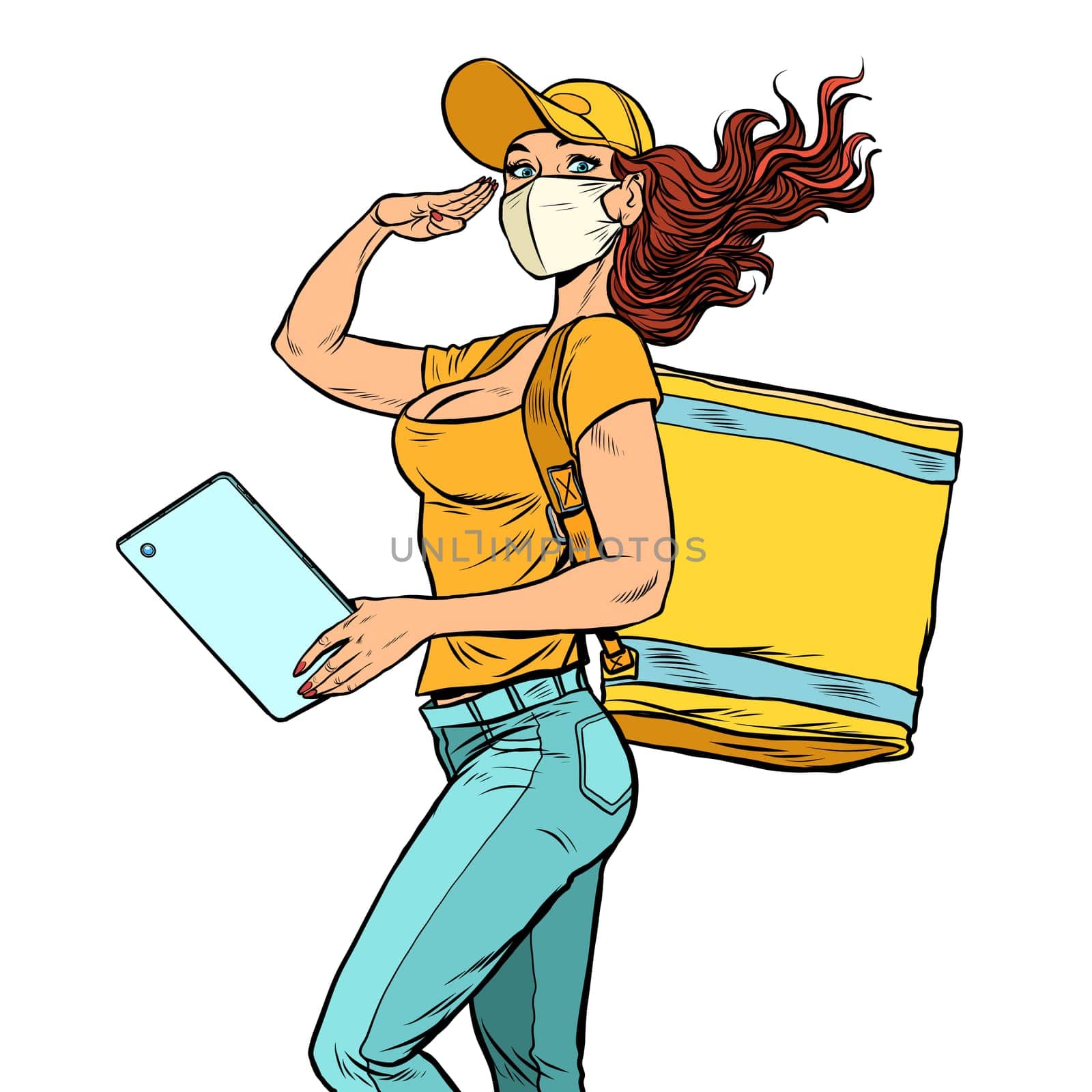 courier girl in a medical mask. food delivery during the epidemic. Pop art retro vector illustration kitsch vintage 50s 60s style