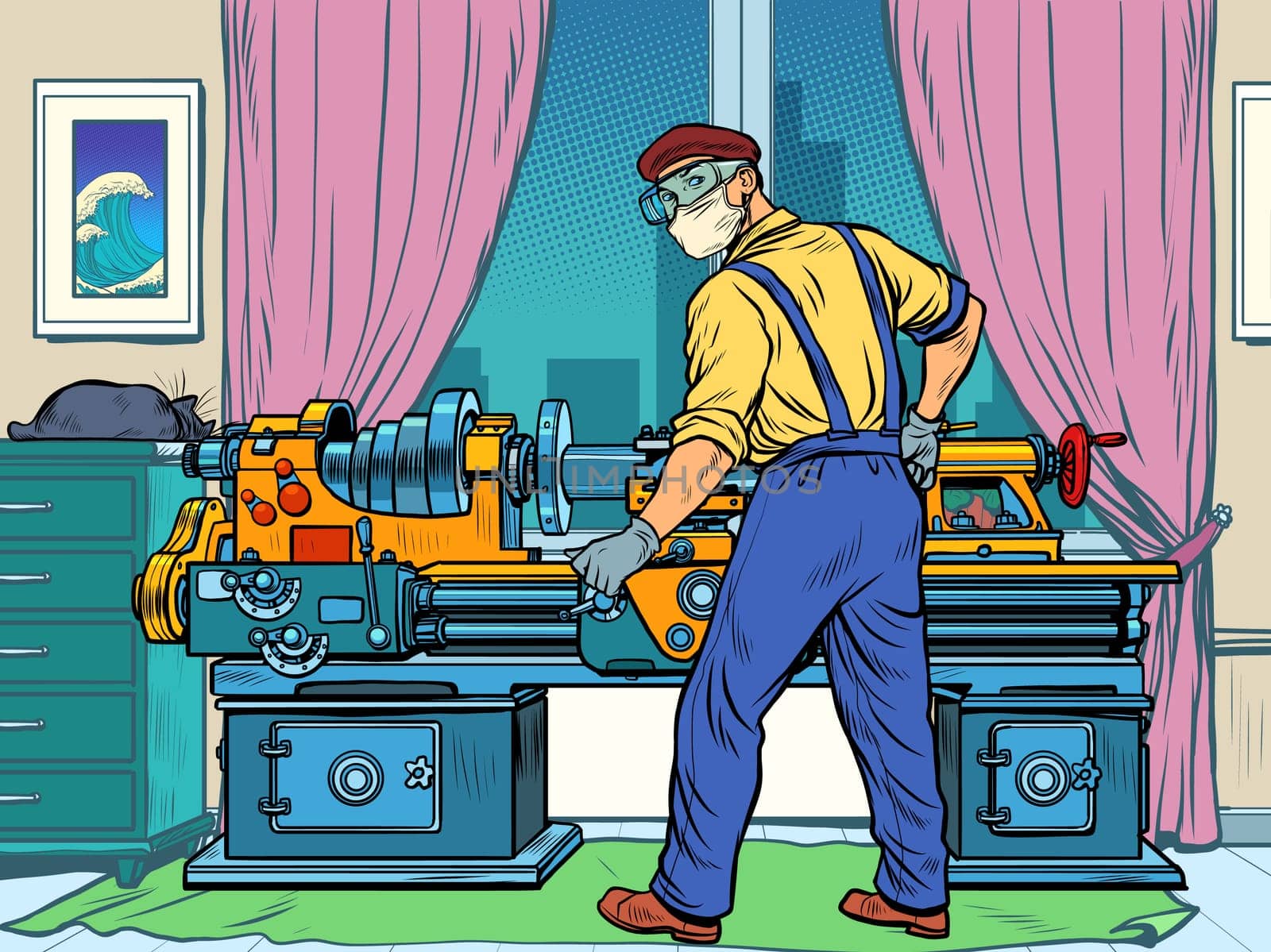 Homework during the epidemic concept. The Turner works at the machine. Pop art retro vector illustration kitsch vintage 50s 60s style