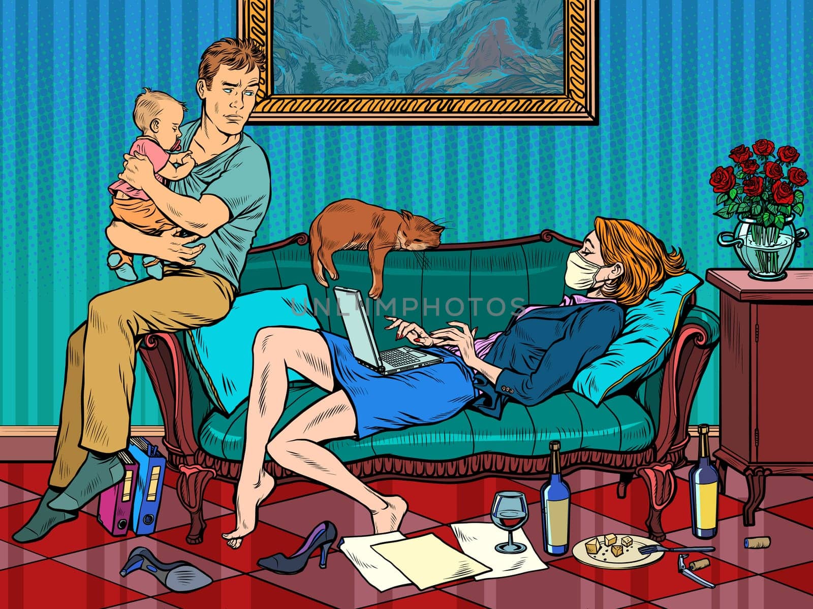 woman in a medical mask. work at home during an epidemic. husband and children. Pop art retro vector illustration kitsch vintage 50s 60s style